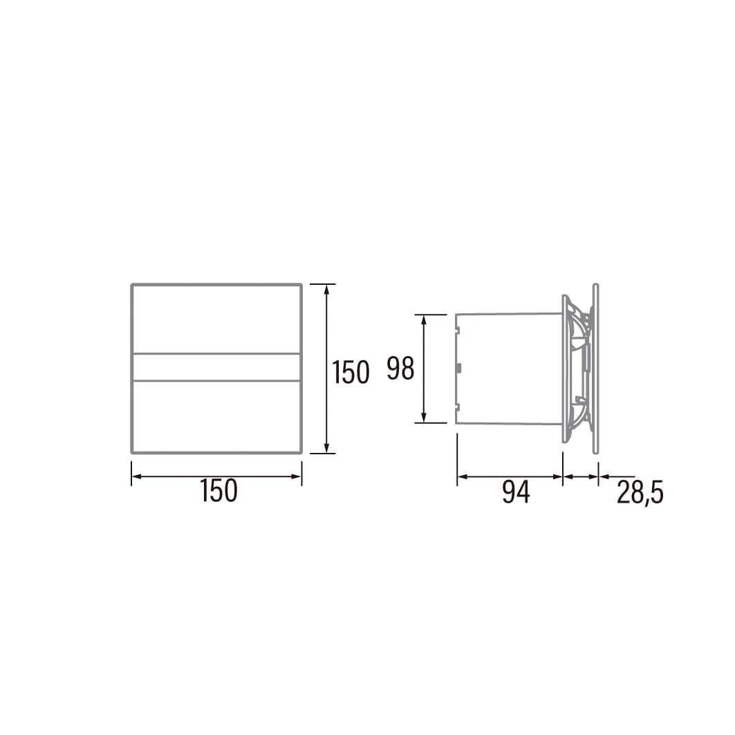 Rysunek techniczny: Obiekt prostokątny o wymiarach 150x150 i cylinder z wentylatorem.