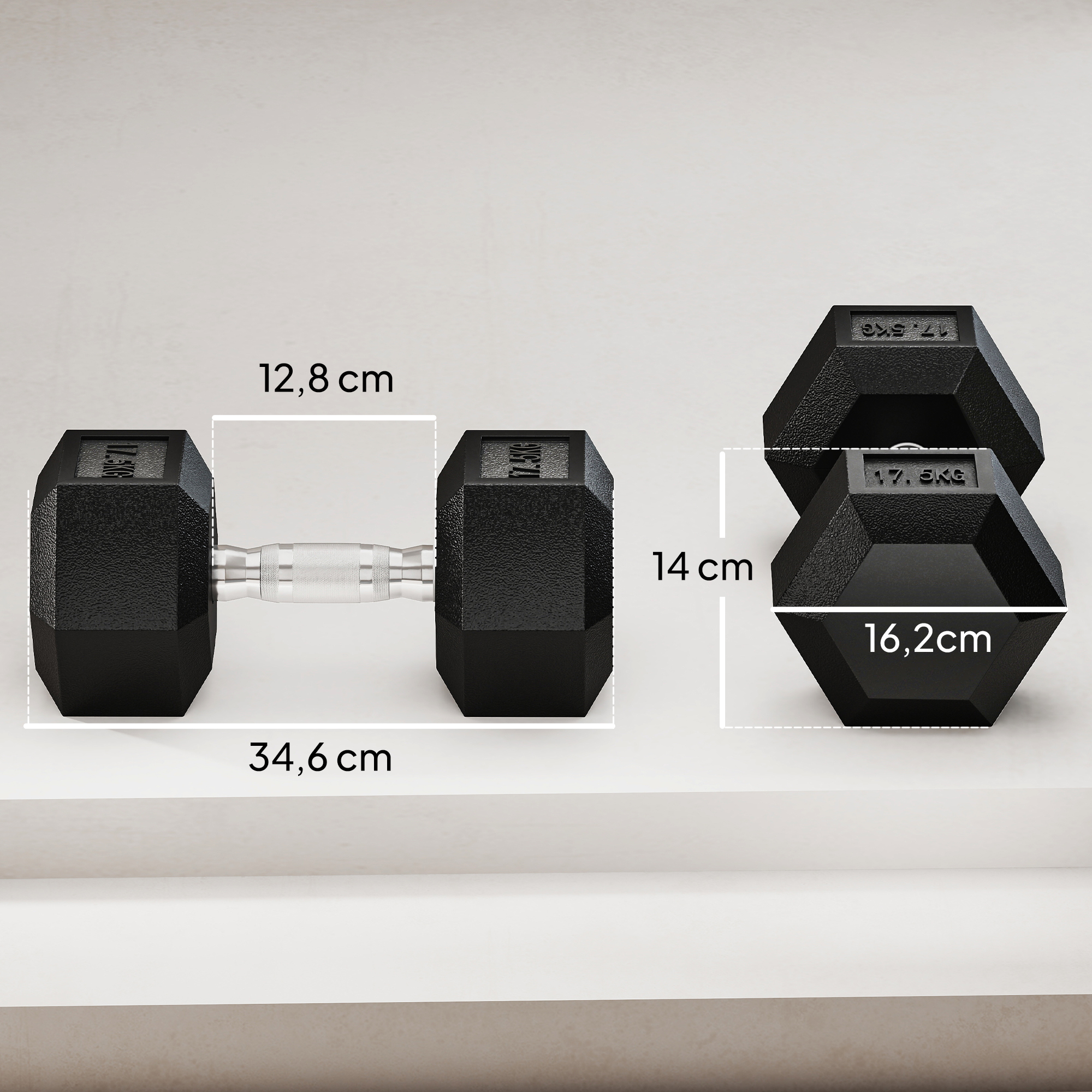Dos mancuernas: una de 34,6cm de largo, 12,8cm de ancho, y dos mancuernas de 17,5kg.