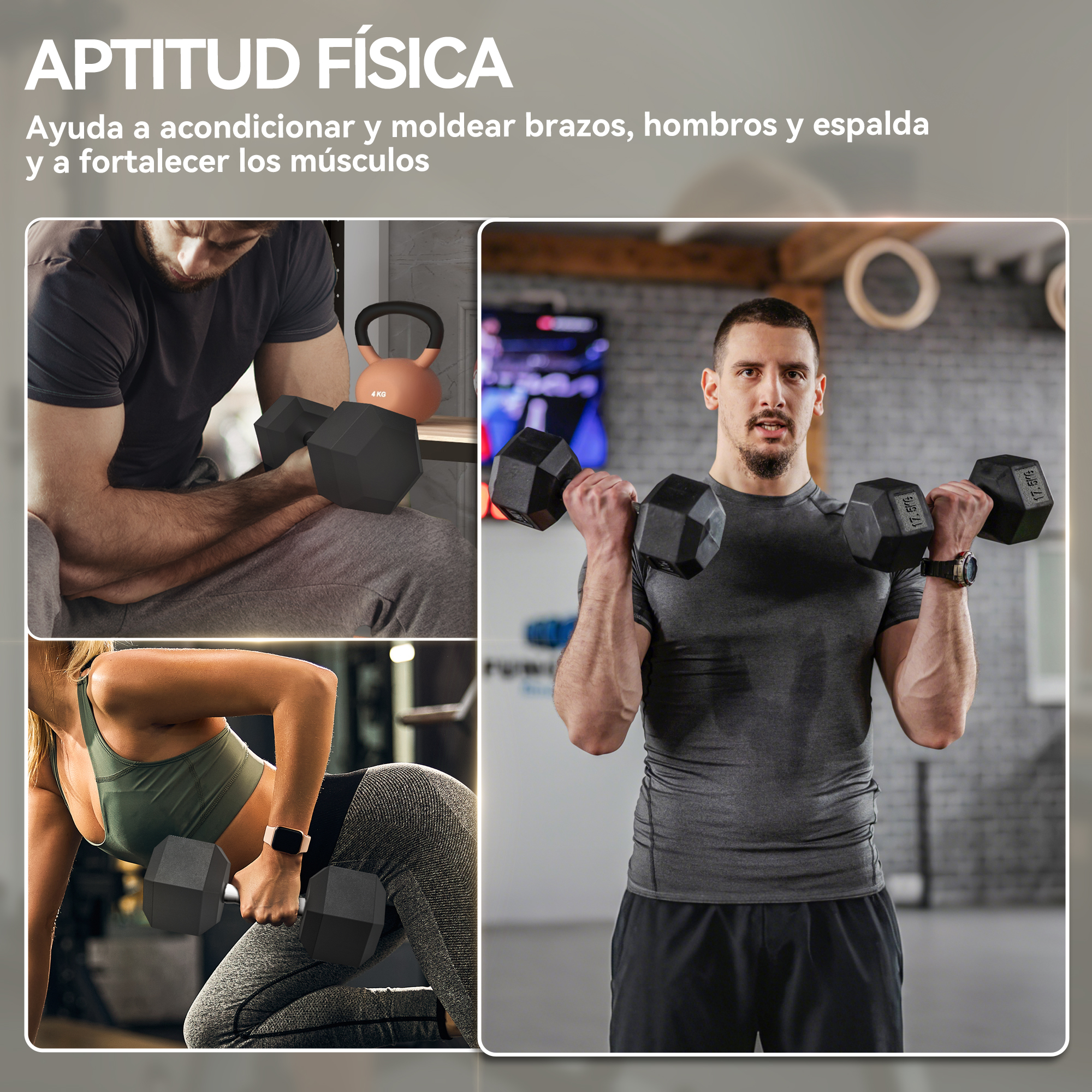 El collage muestra ejercicios de fitness con mancuernas y pesa rusa.
