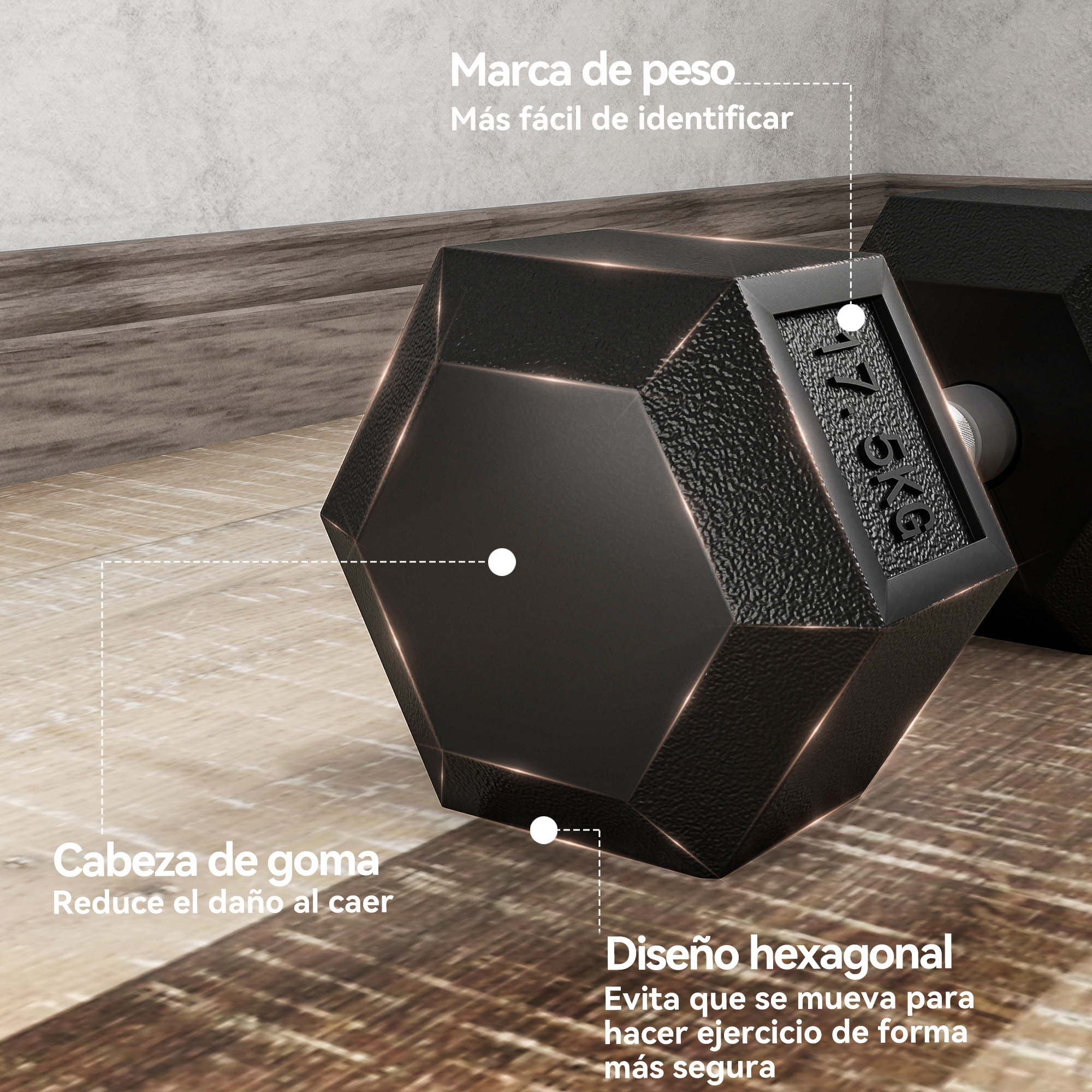 Una pesa negra con forma hexagonal y marca de 17,5 kg.