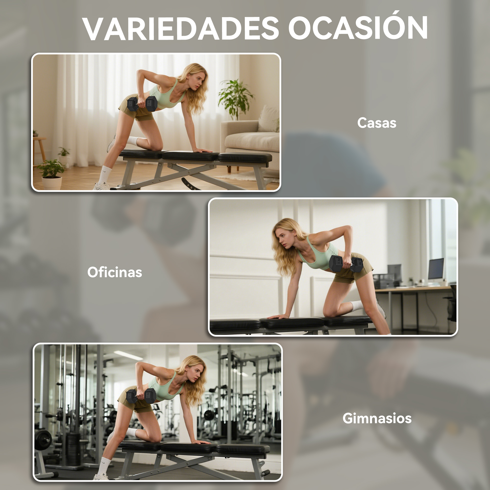 Mujer se ejercita con mancuerna en casa, oficina y gimnasio.