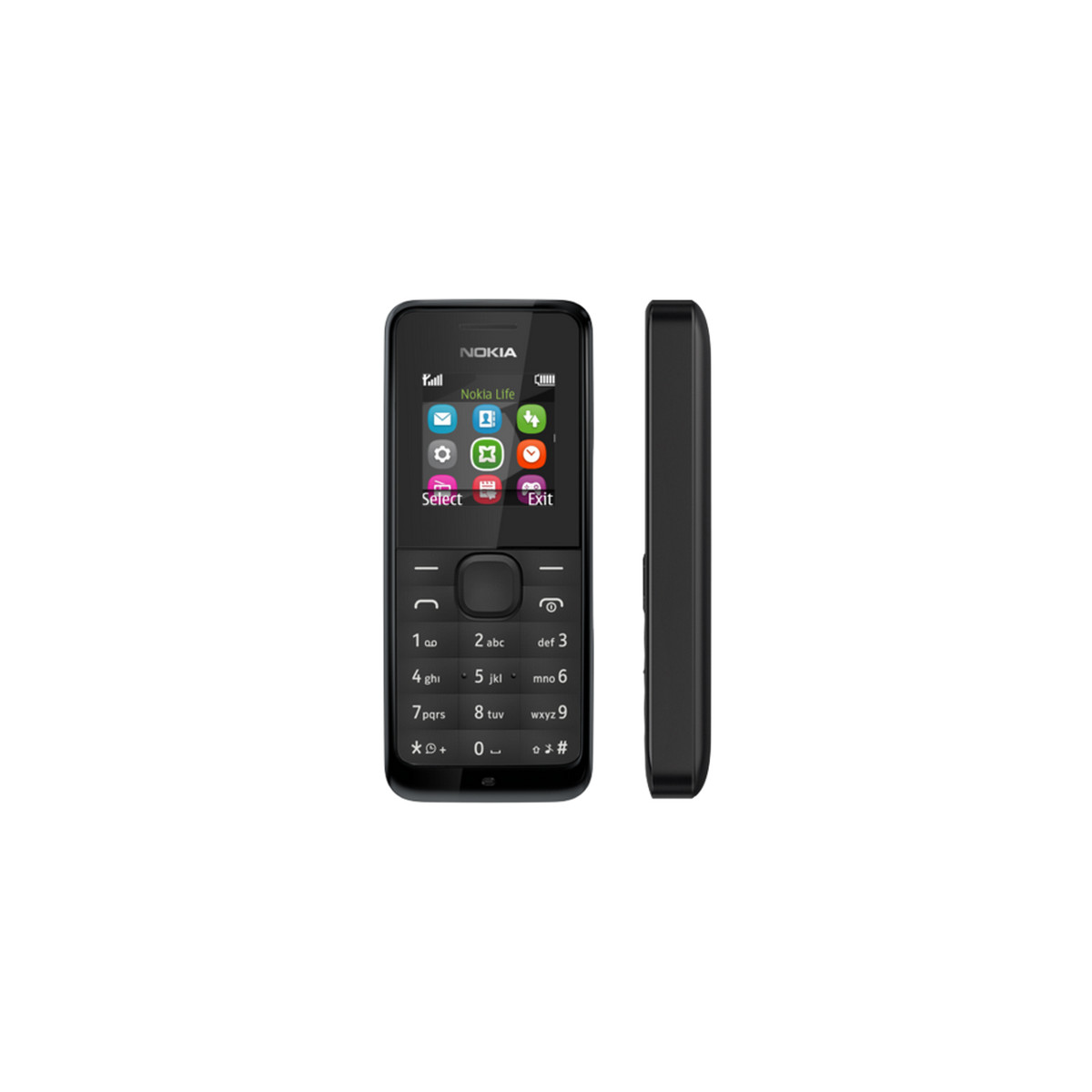 Un telefono cellulare Nokia nero con tastiera e display è mostrato frontalmente e lateralmente.