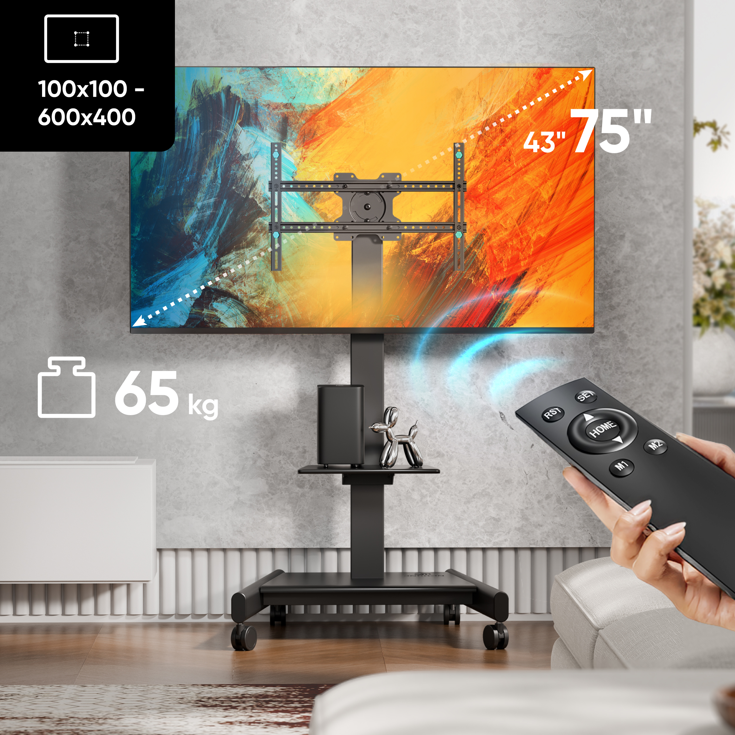 Supporto TV con TV da 43-75 pollici, telecomando e capacità di 65 kg.