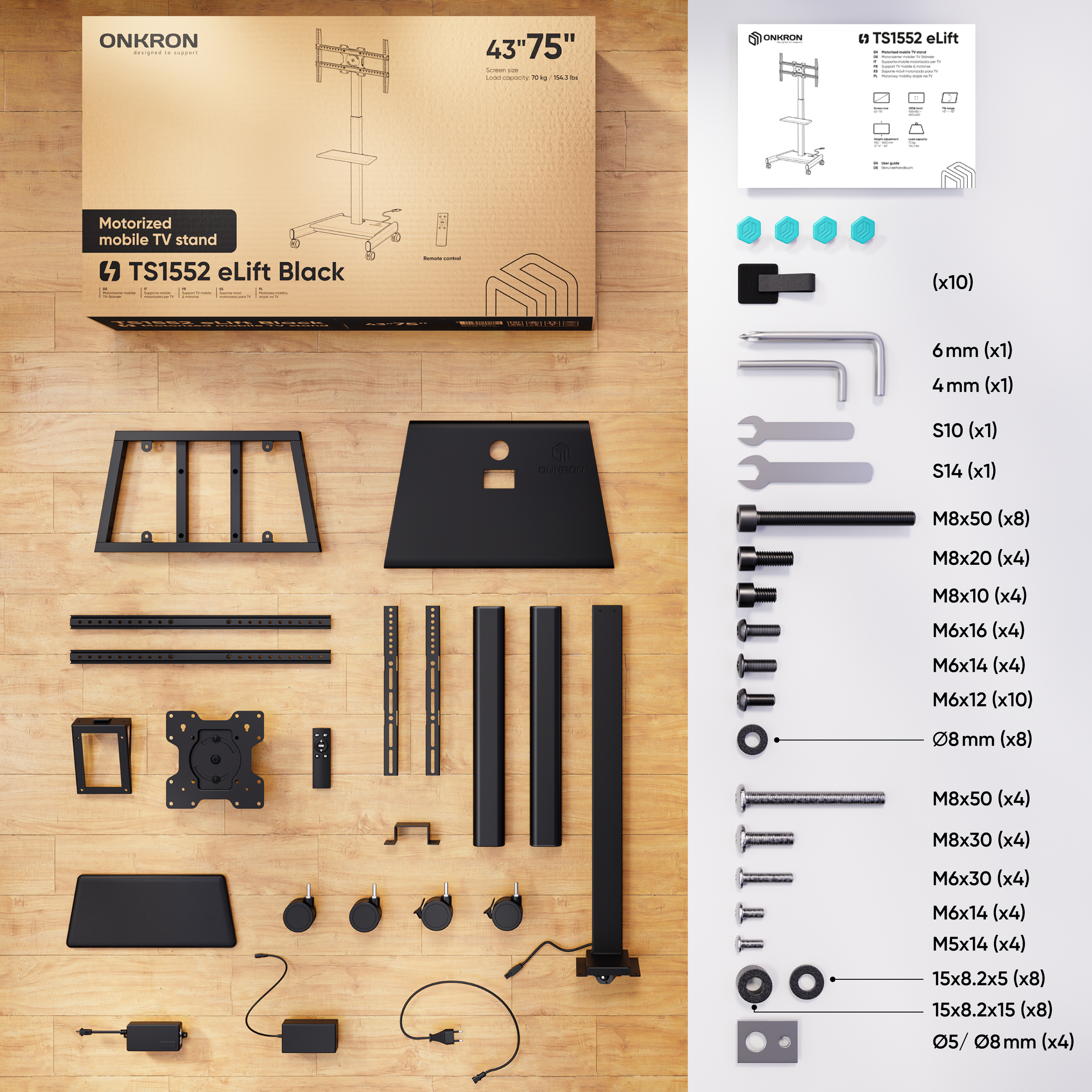 Un supporto TV ONKRON TS1552 eLift con accessori e attrezzi su pavimento in legno.