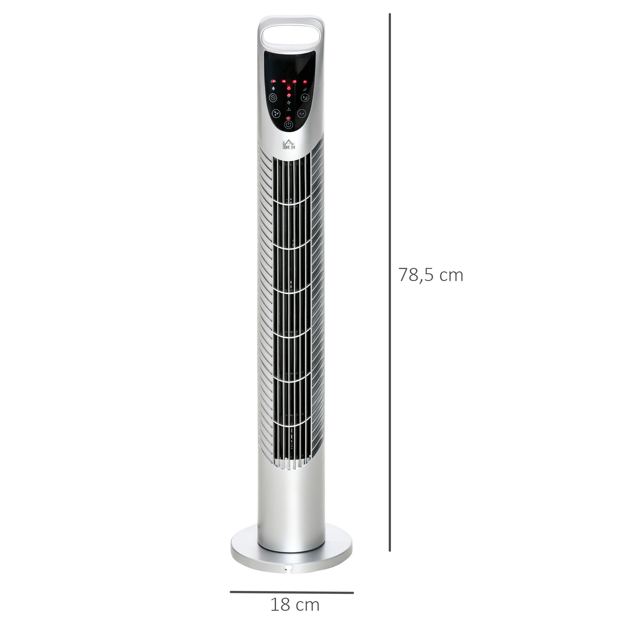 Ventilador de torre plateado con panel de control y medidas 78,5 cm y 18 cm.