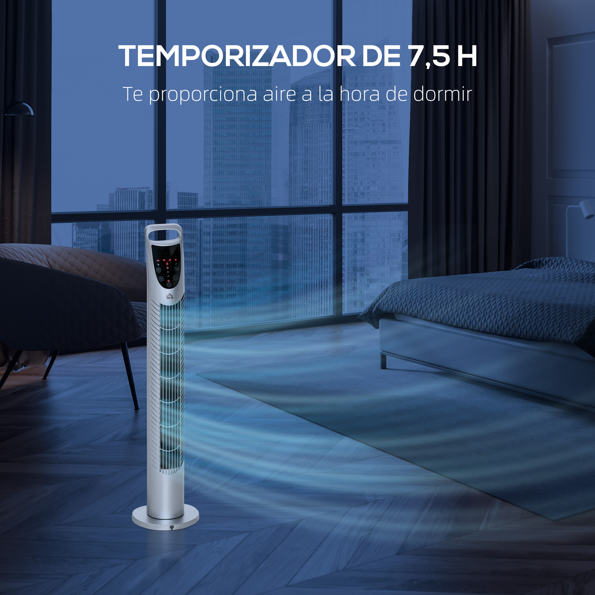 Un ventilador de torre plateado está junto a una cama en una habitación oscura. Se visualizan flujos de aire.