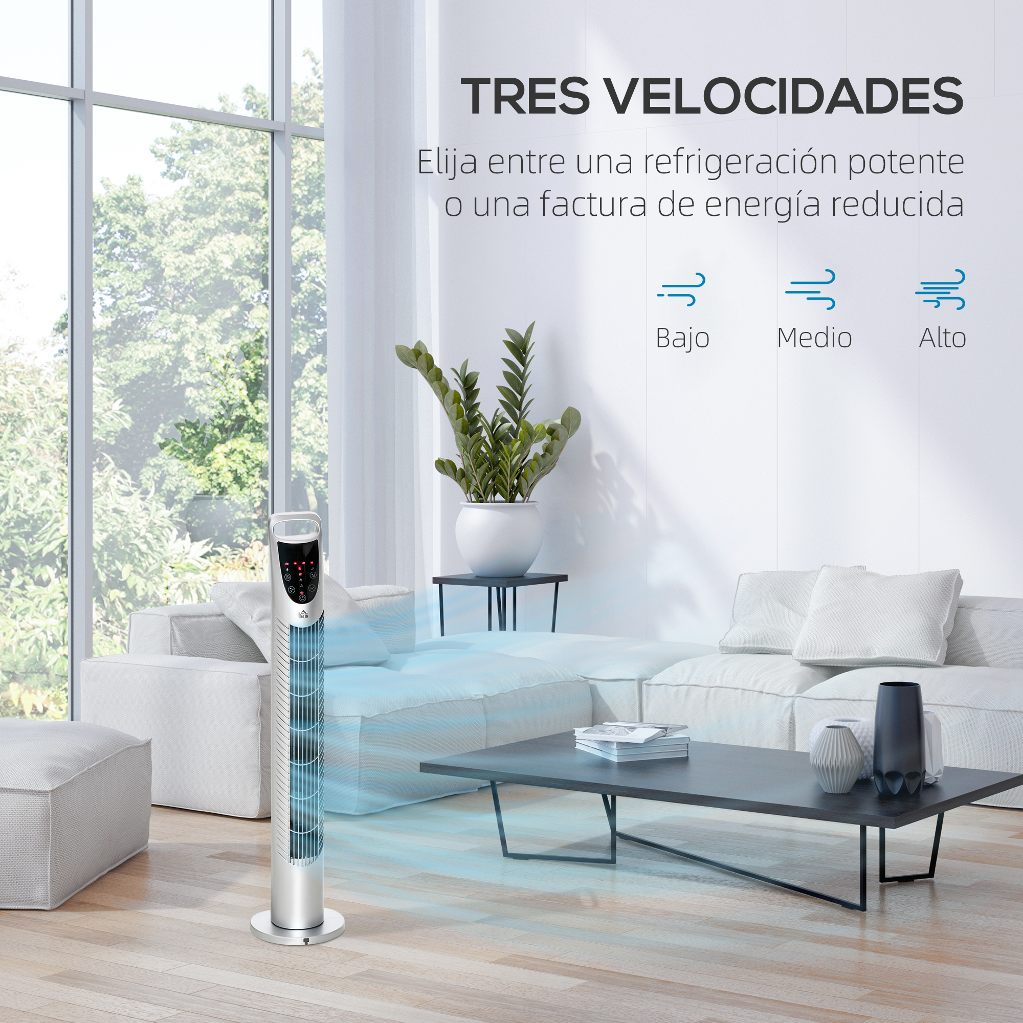 Un elegante ventilador de torre blanco en un salón luminoso junto a un sofá.