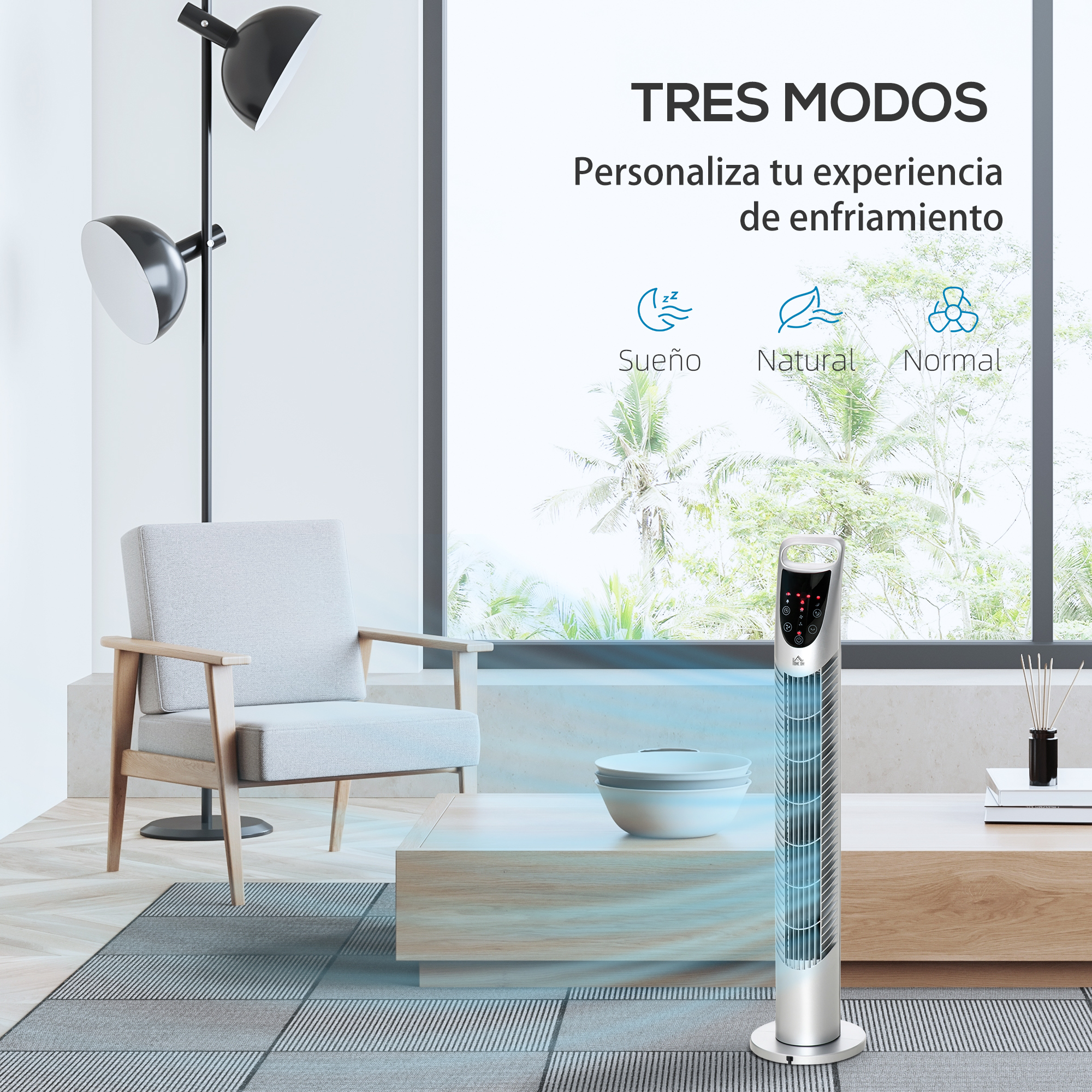 Un ventilador de torre moderno en una sala de estar elegante con muebles y ventana.