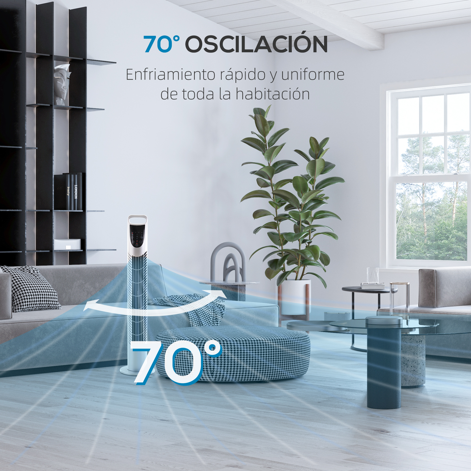 Un ventilador de torre blanco en una sala de estar moderna con sofás y ventana.