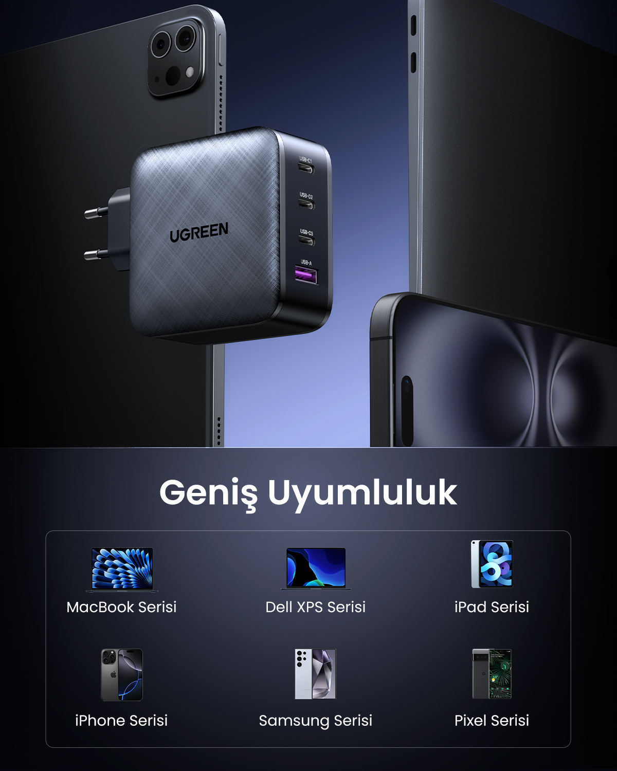 UGREEN-Ladegerät mit mehreren Anschlüssen, das Laptops, Tablets und Telefone lädt.