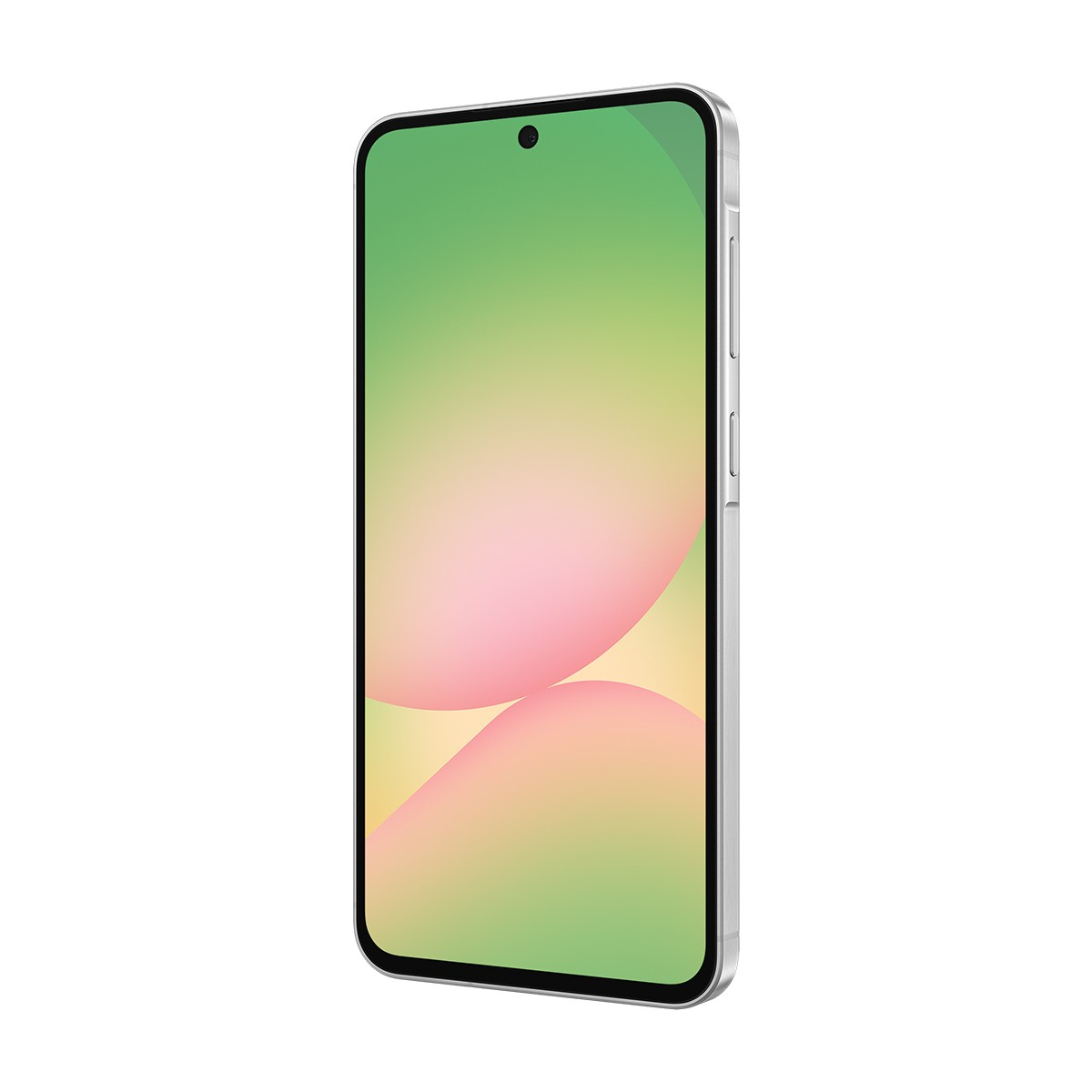 Ekranında yeşilden pembeye geçişli gümüş bir akıllı telefon.