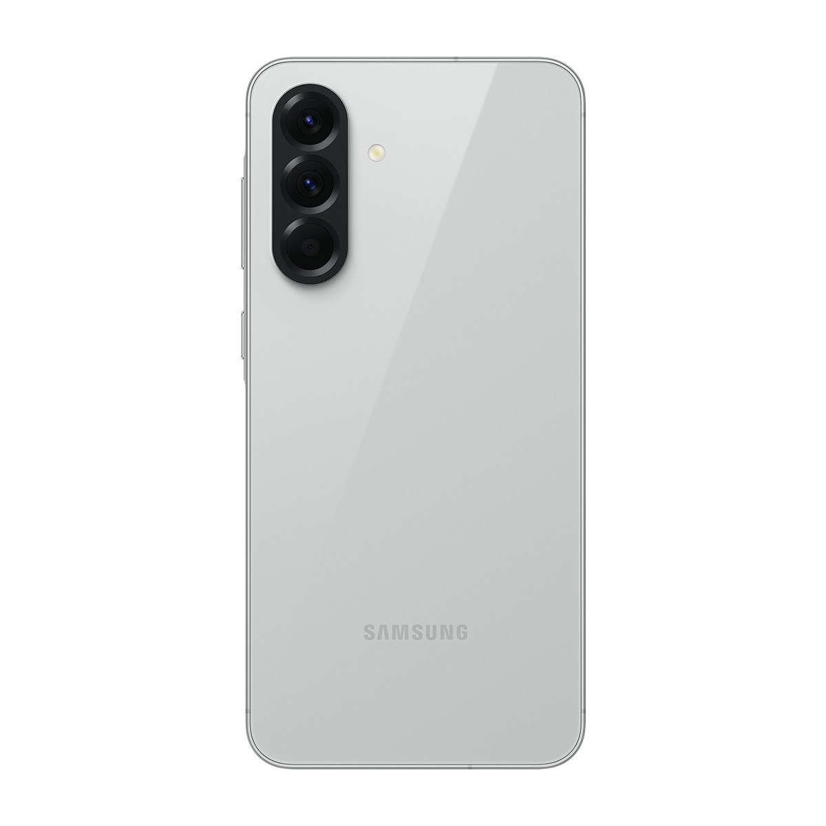 Üç kameralı beyaz Samsung akıllı telefonun arkası, Samsung logosu mevcut.
