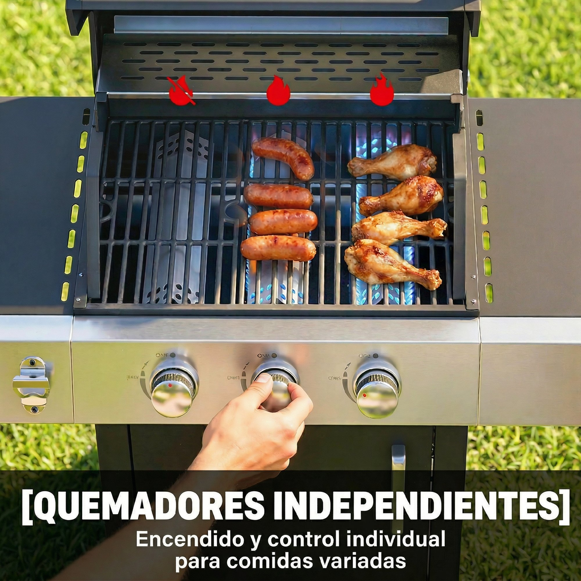 Carne y salchichas en una parrilla de gas con llamas y perillas visibles.