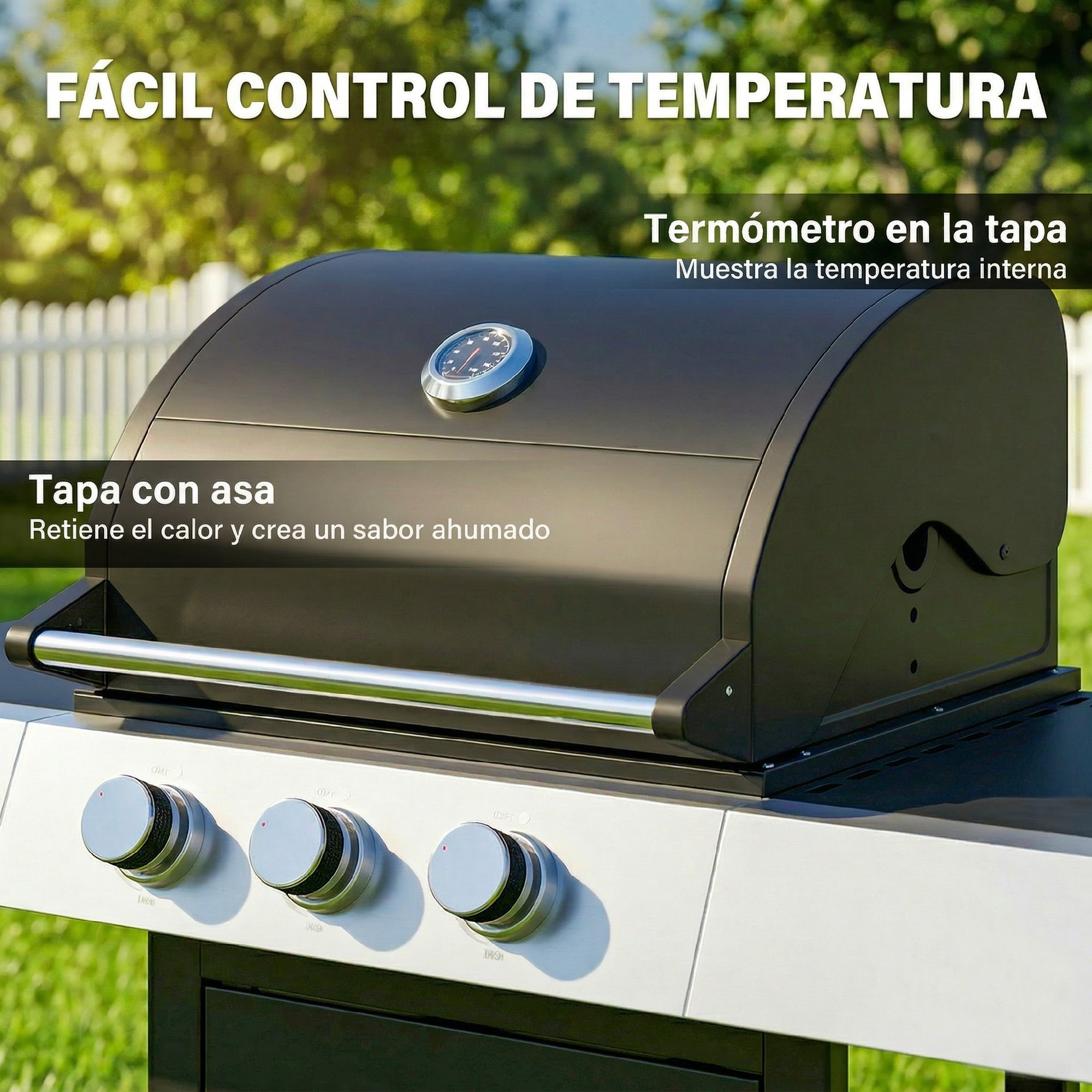 Una parrilla negra con termómetro en la tapa y perillas de control.