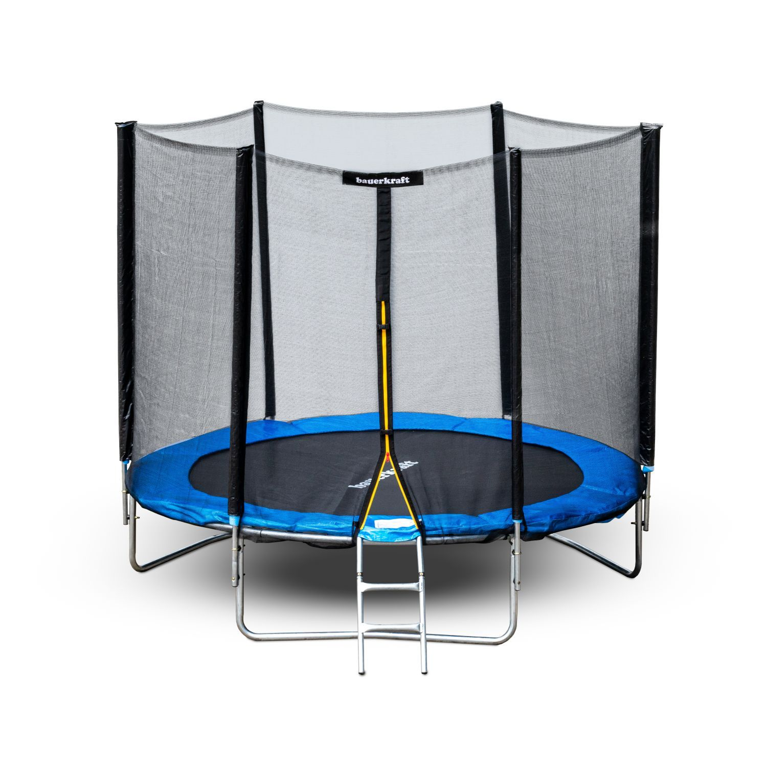 Trampolina z siatką zabezpieczającą i drabiną, niebiesko-czarna.