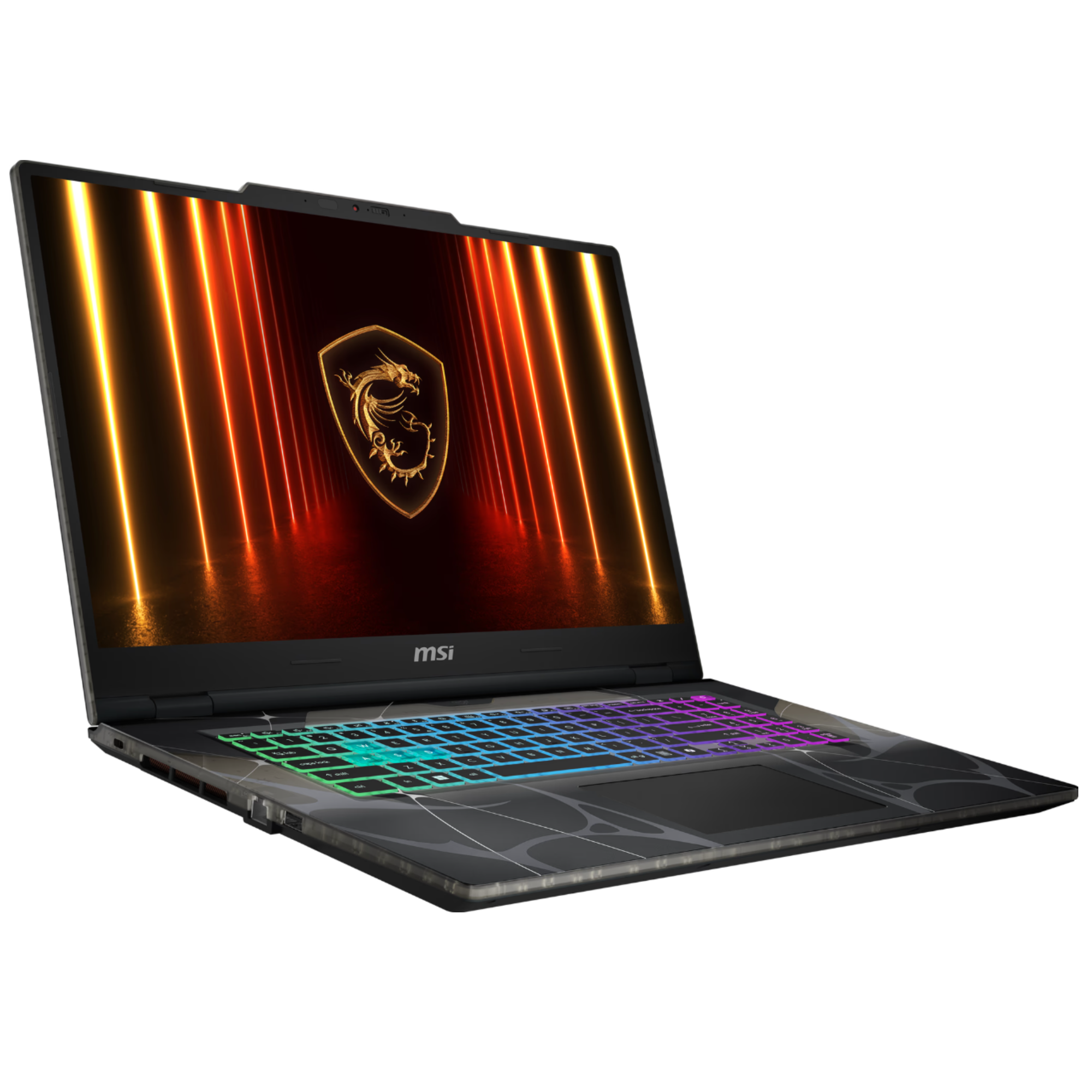 Ein geöffneter MSI-Laptop mit beleuchteter Tastatur und Drachenlogo auf dem Bildschirm.
