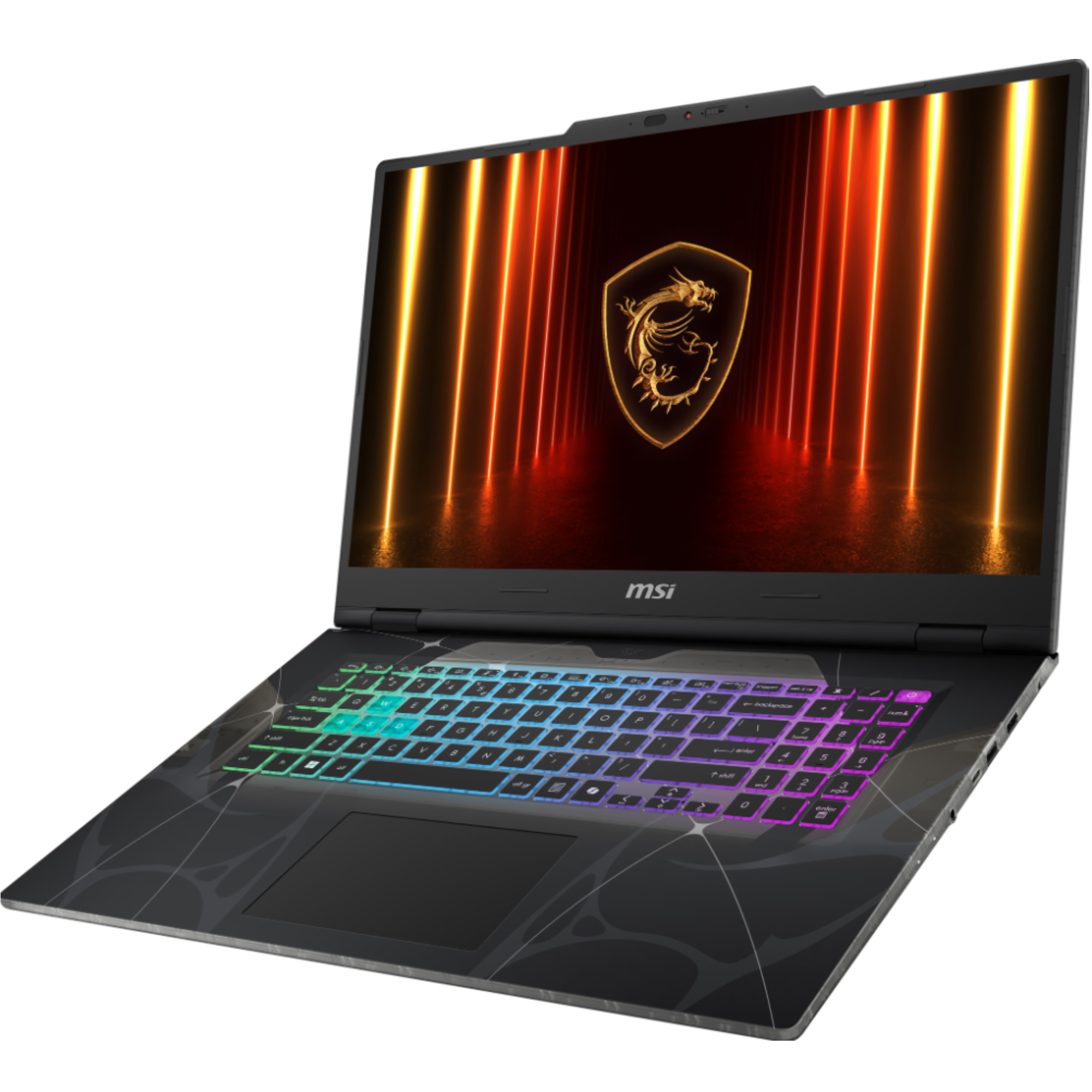 Ein schwarzer MSI-Laptop mit beleuchteter Tastatur und einem Drachenlogo auf dem Bildschirm.