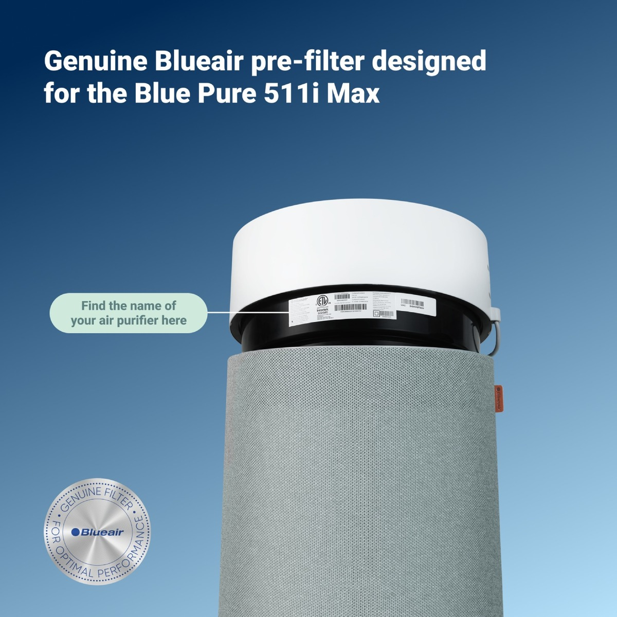 Ein Blueair Luftreiniger mit grauem Bezug und weißem Oberteil. Text erklärt