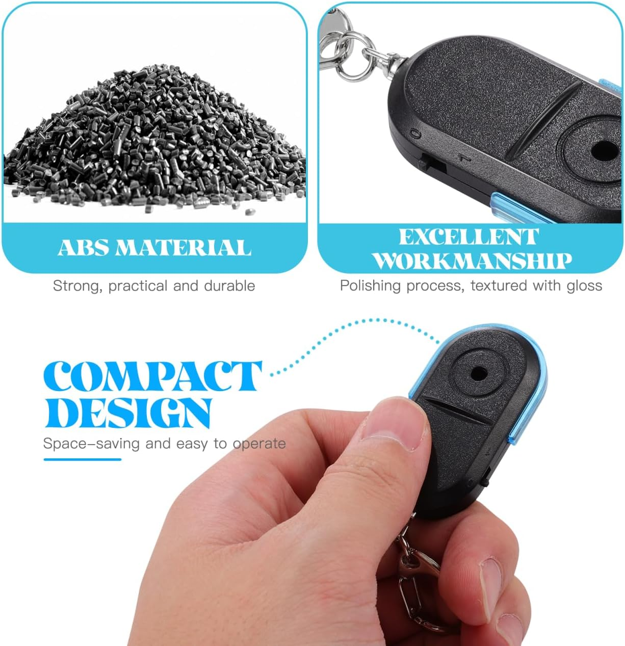Schwarze Schlüsselanhänger mit blauem Akzent, gehalten in einer Hand. ABS-Material.