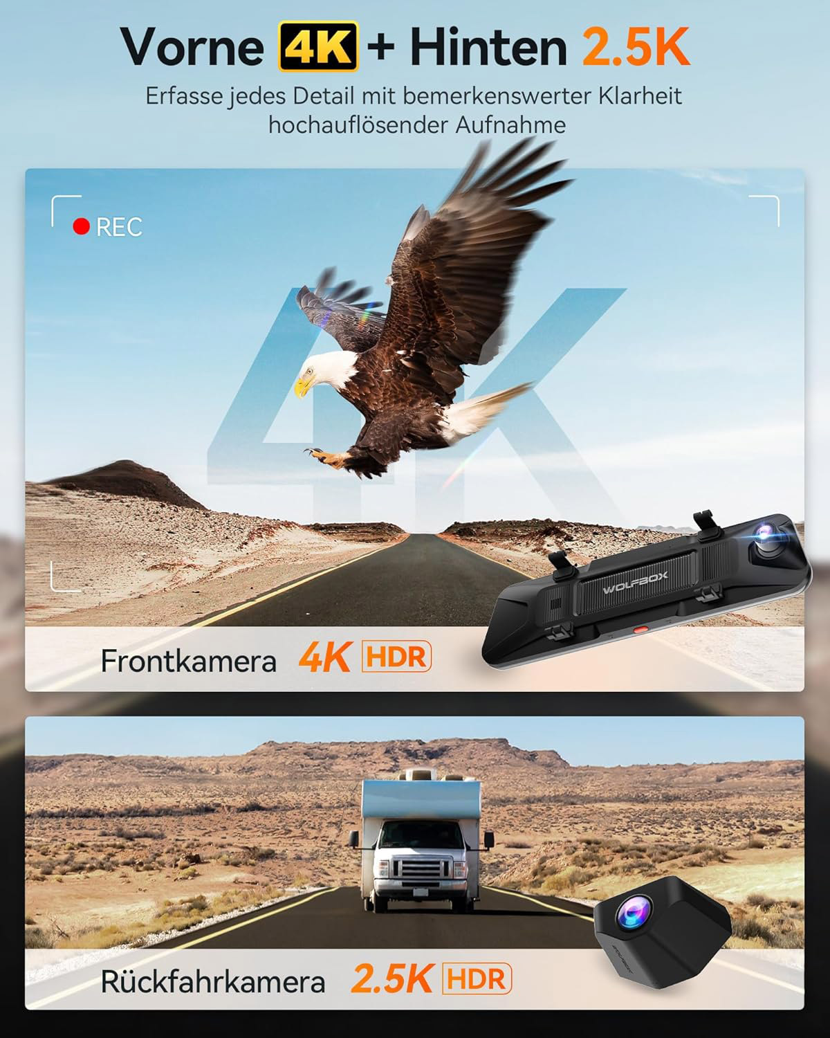 Oben: Adler fliegt über Straße, Frontkamera 4K HDR. Unten: Wohnmobil auf Straße, Rückfahrkamera 2.5K HDR.