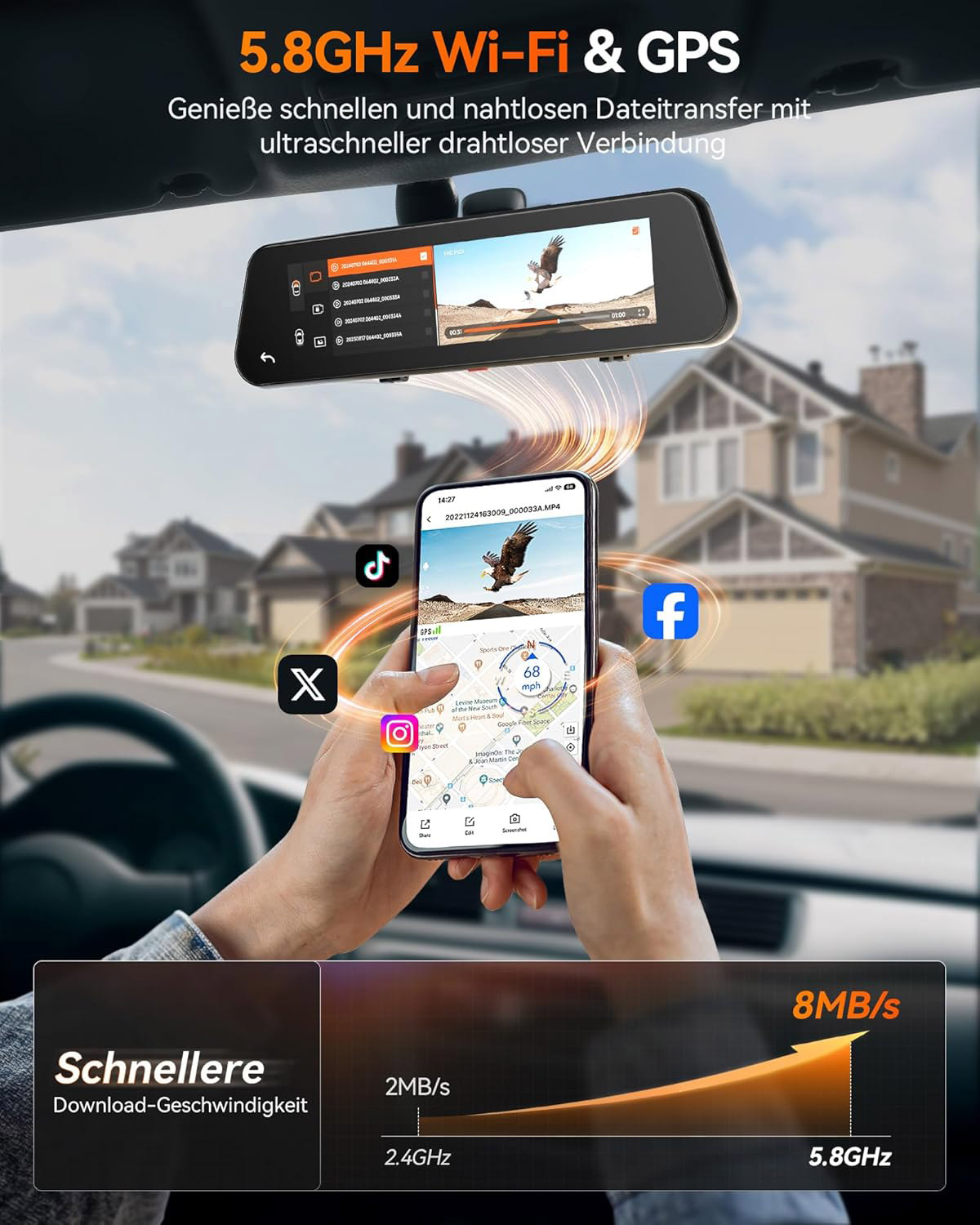Ein Auto-Rückspiegel-Display zeigt eine Adleraufnahme; daneben ein Handy mit Karten-App und Social-Media-Symbolen.