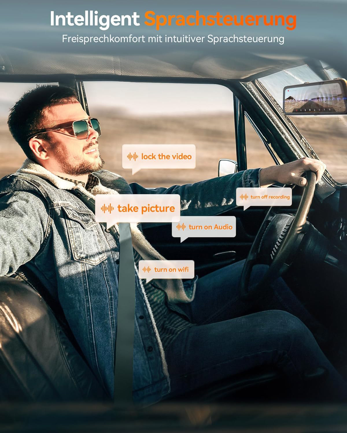 Mann im Auto, der spricht, mit Sprachbefehlen wie 'lock the video'.
