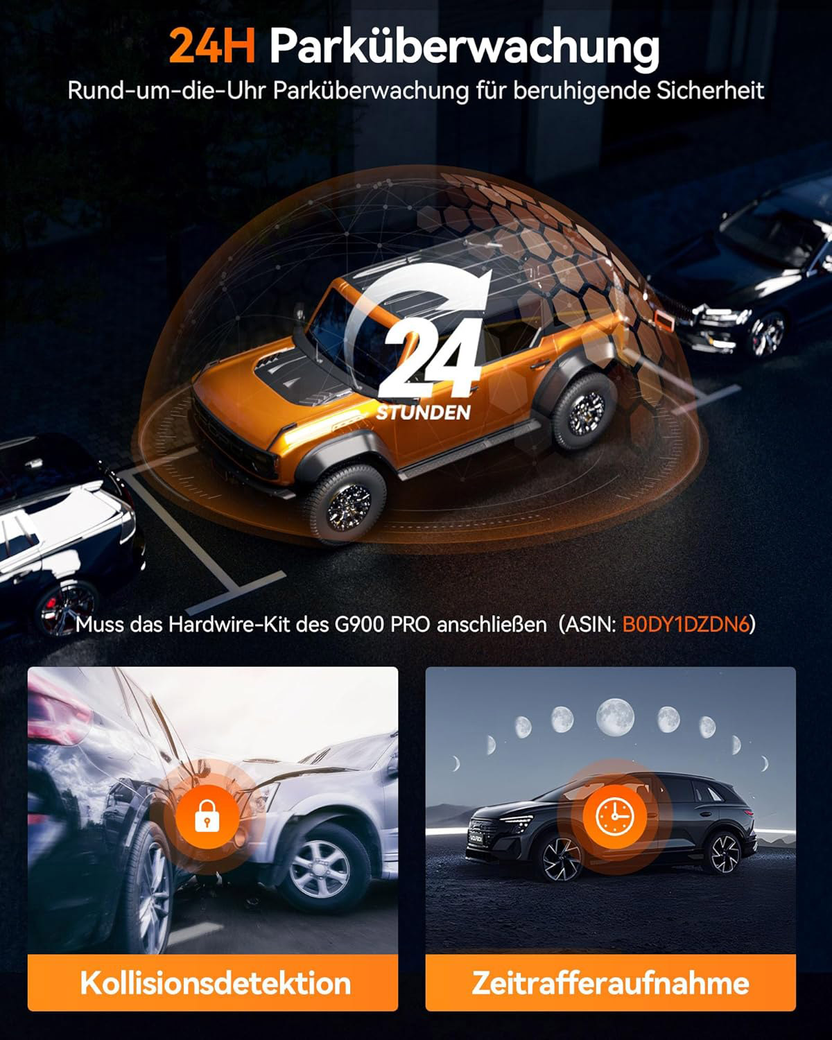 24H Parküberwachung: orange Auto unter 24h Kuppel, Kollision, Zeitraffer.