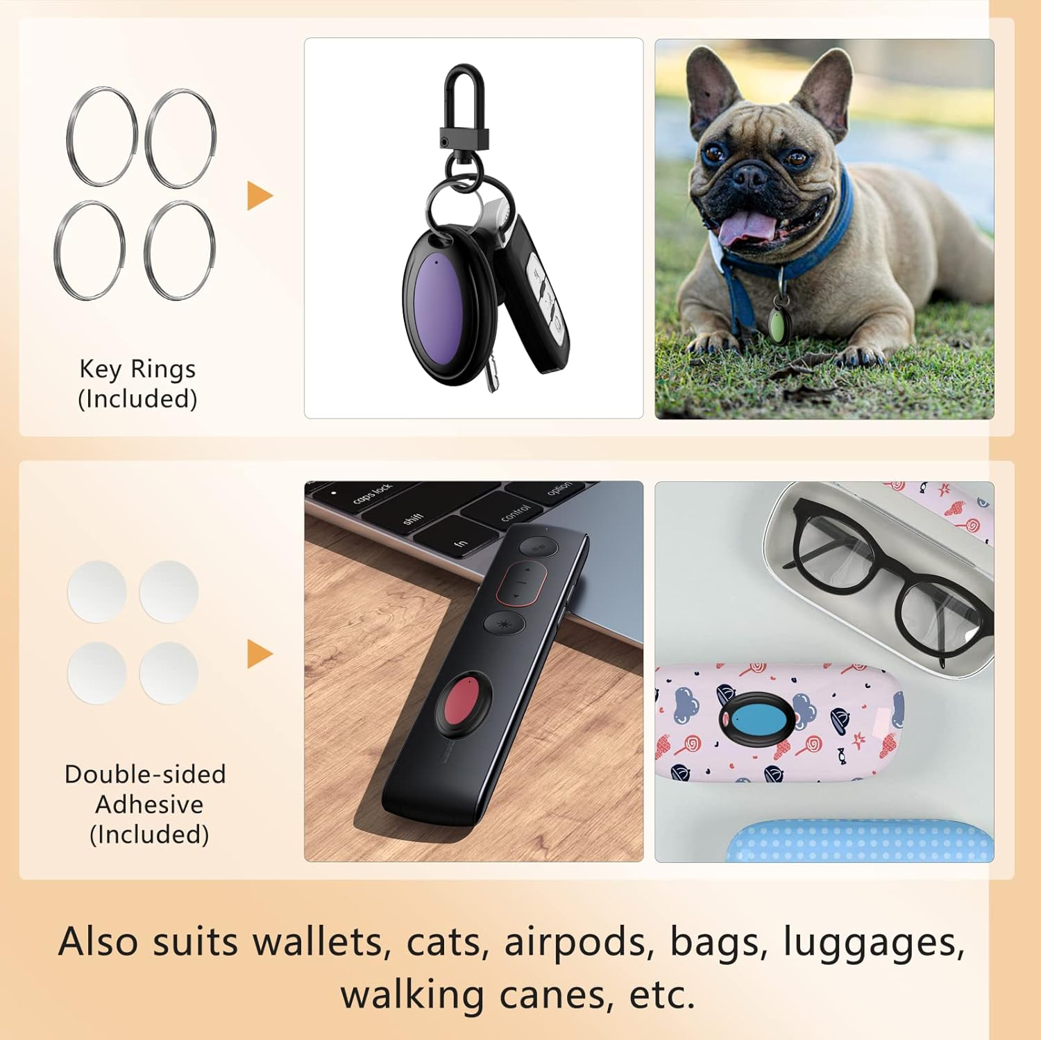 Schlüsselanhänger, Hund, Klebeband, Brillenetuis, Tastatur und Fernbedienung.