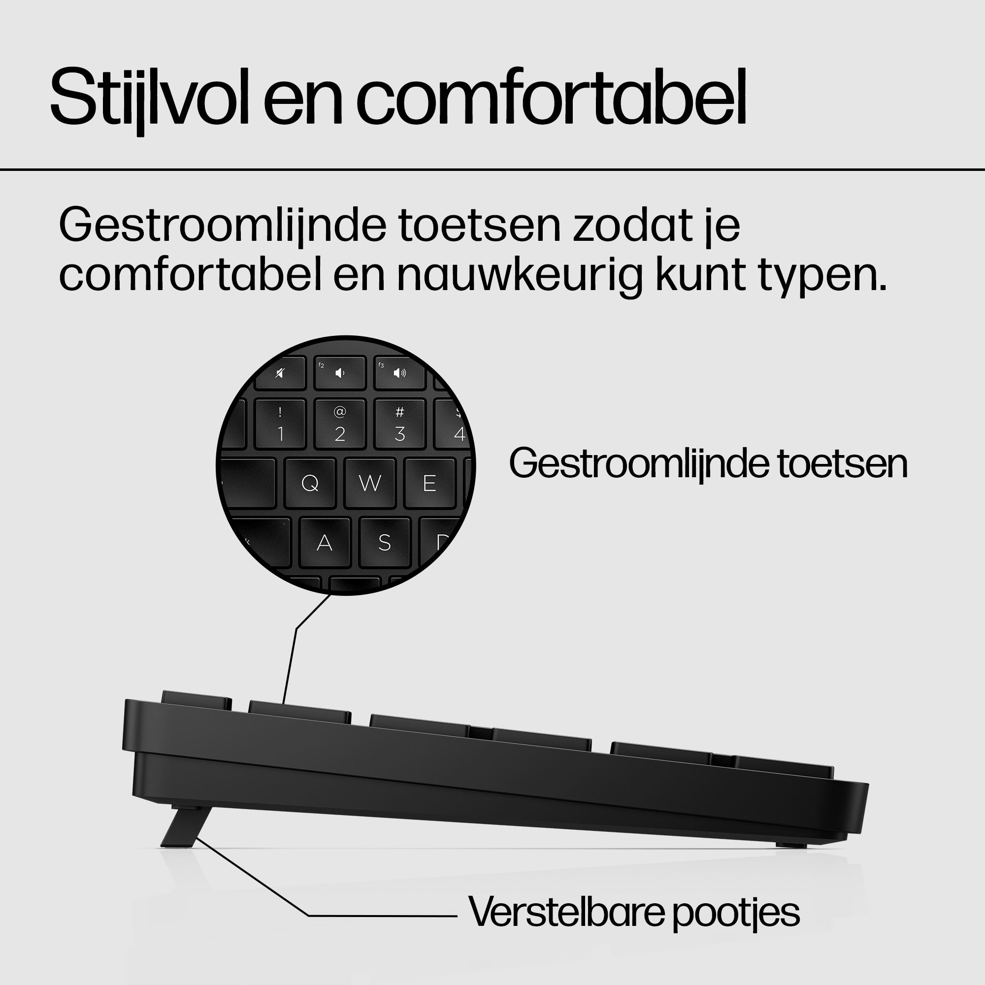 Schwarze Tastatur mit Nahaufnahme der Tasten und verstellbaren Füßen.