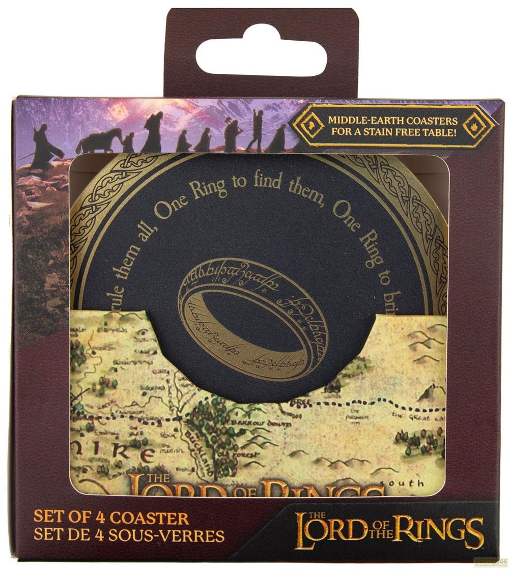 Herr der Ringe Untersetzer: Schwarz mit goldenem Ring, Karte und Figuren. 4er Set.