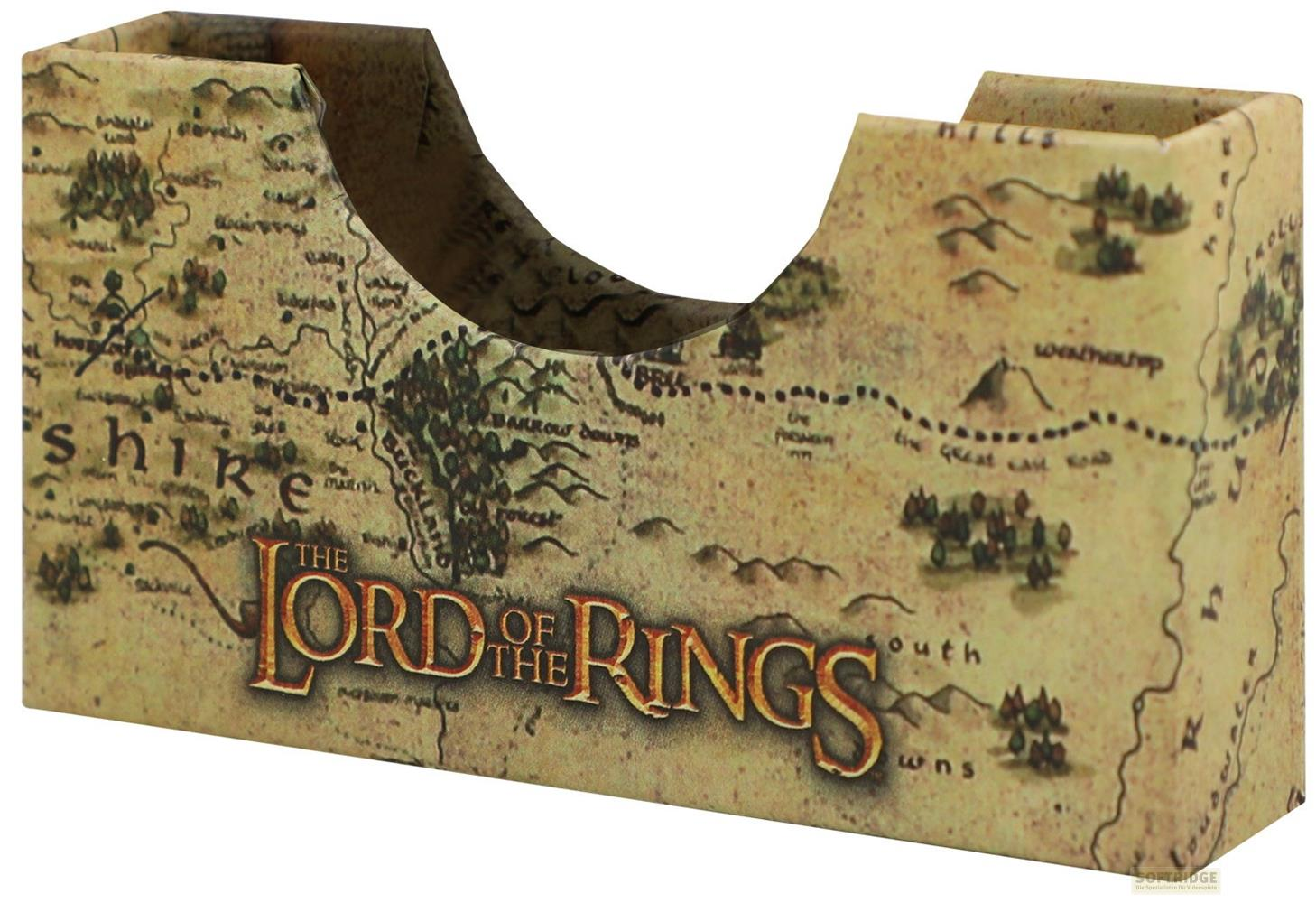 Eine Karte von Mittelerde mit dem Titel 'Der Herr der Ringe' auf einem Behälter.