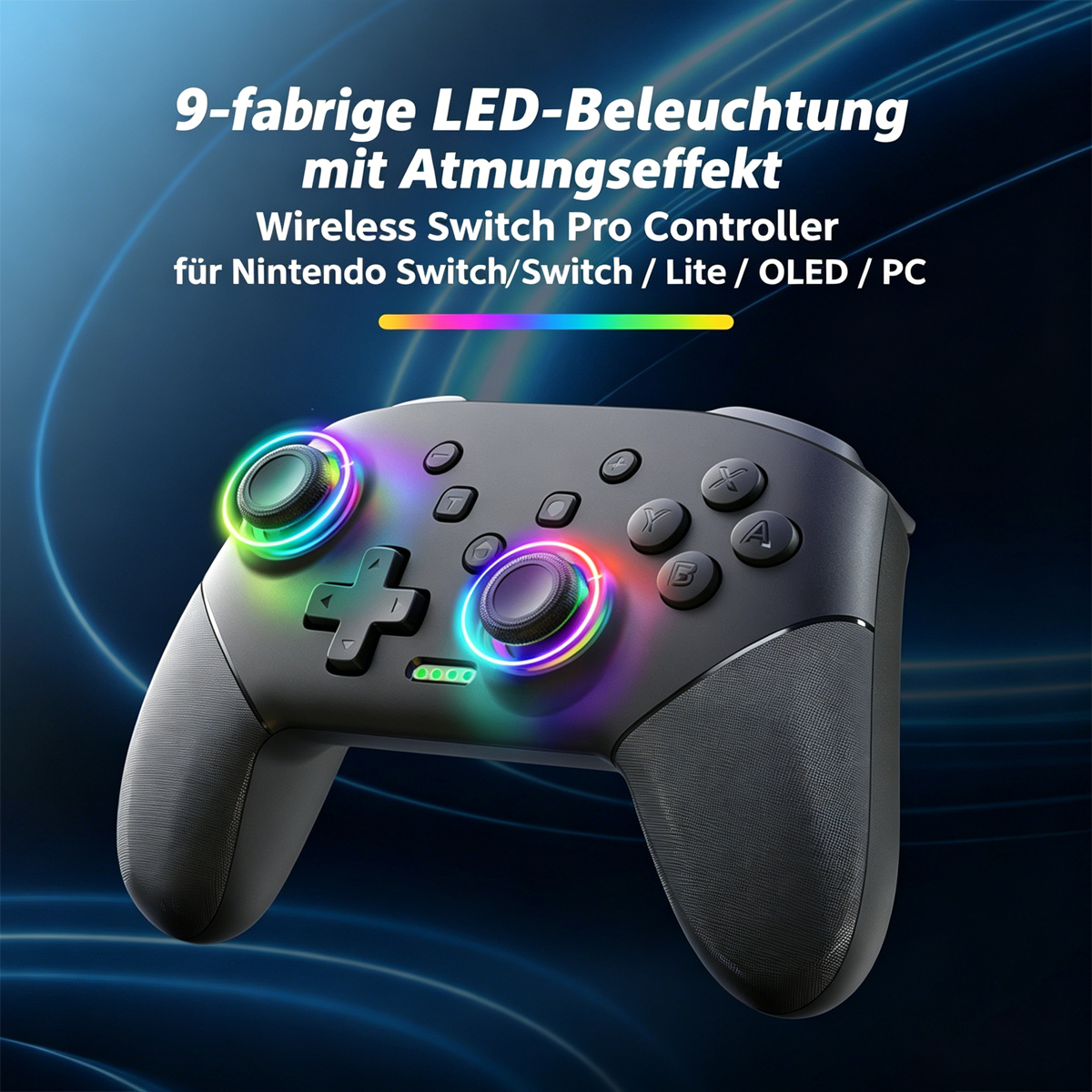 Ein schwarzer Nintendo Switch Pro Controller mit bunten LED-Ringen um die Analogsticks.
