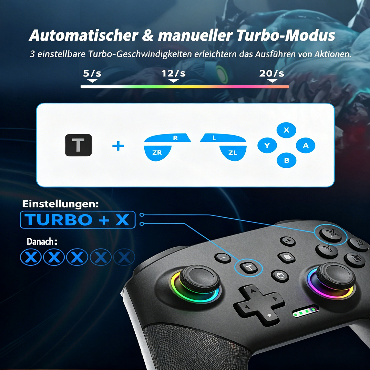 Ein schwarzer Controller mit Turbo-Modus-Einstellungen und Tastenlayout.