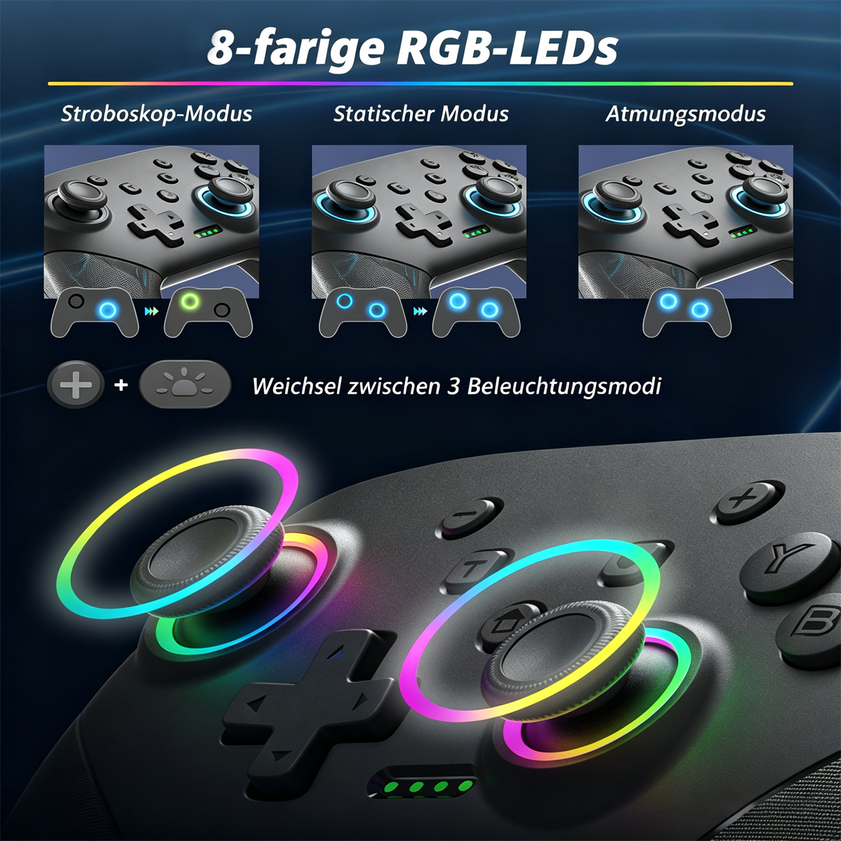 Ein schwarzer Controller mit RGB-LEDs in drei Modi: Stroboskop, Statisch und Atmend.
