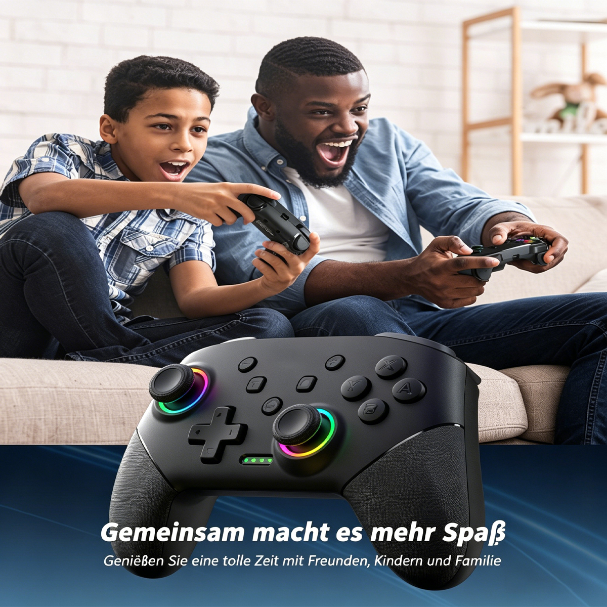 Mann und Junge spielen Videospiele mit Controllern. Nahaufnahme eines Controllers.