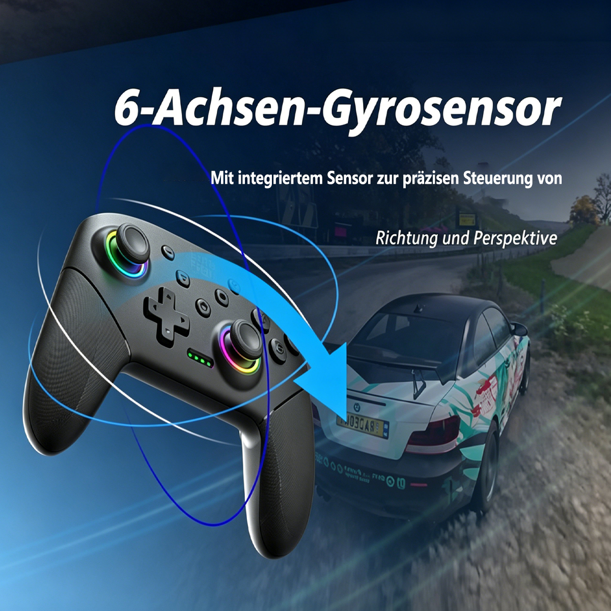 Ein schwarzer Gamecontroller mit bunten Lichtern vor einem Rennwagen.