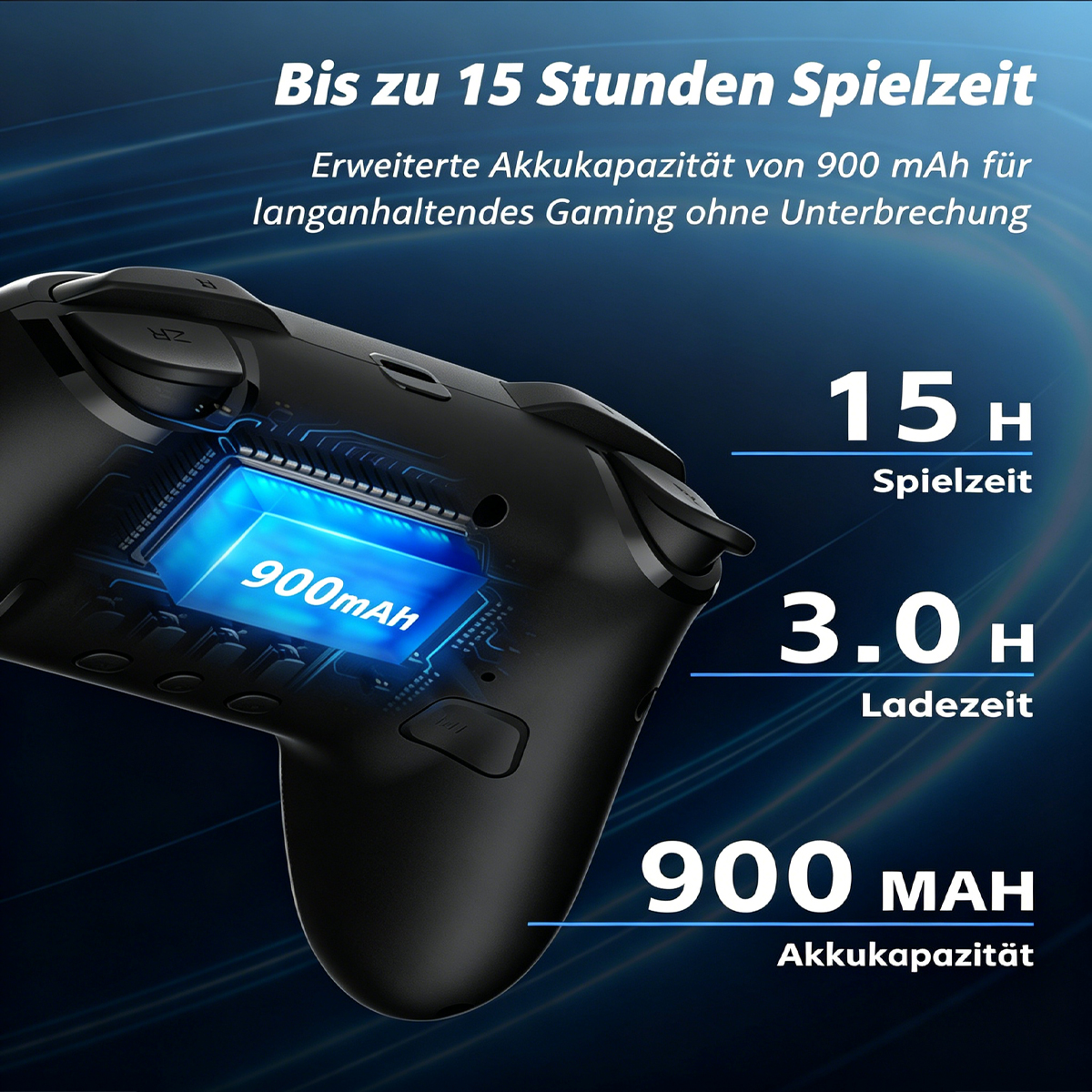 Schwarzer Controller mit beleuchteter 900mAh-Batterie. Bis zu 15 Std. Spielzeit.