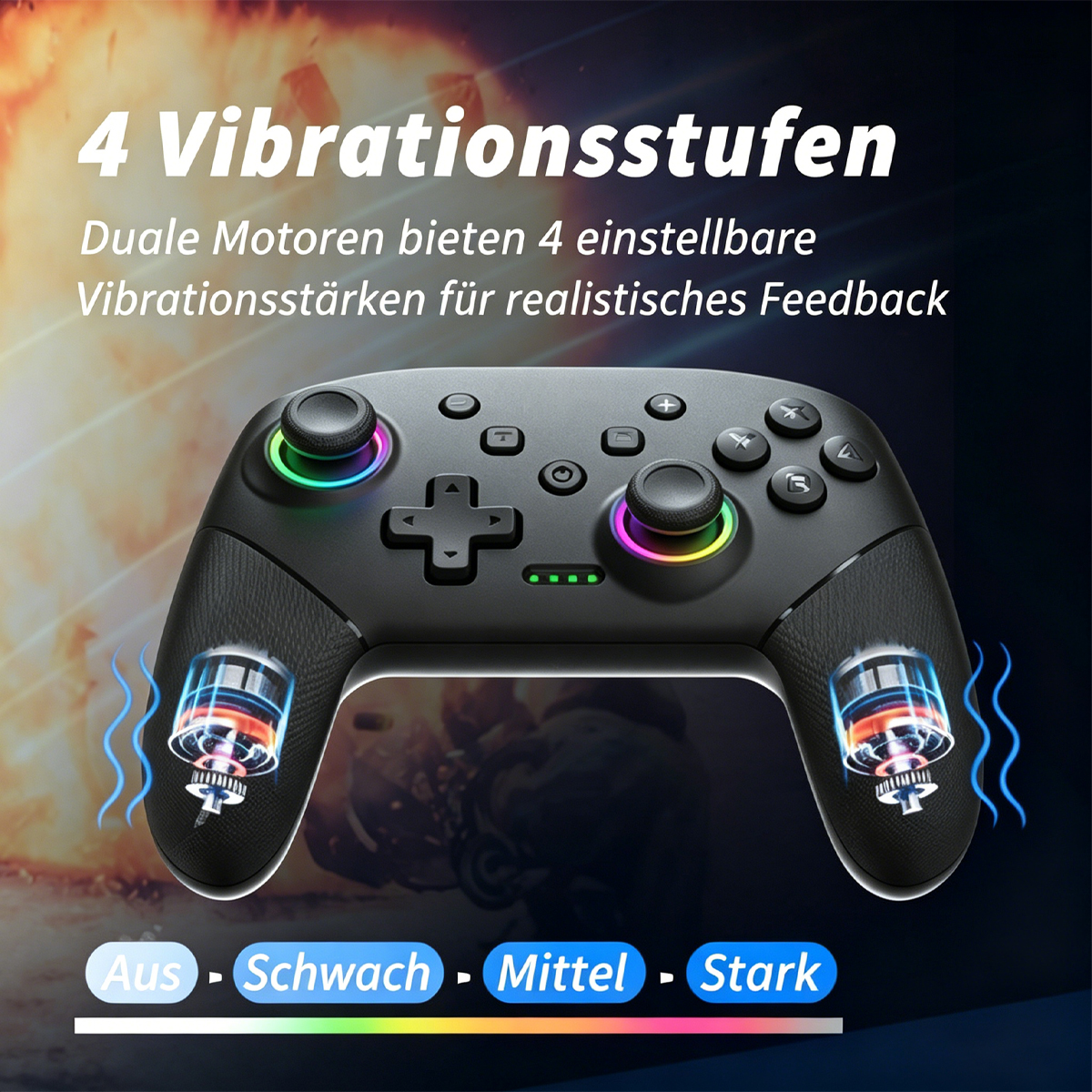 Schwarzer Gaming-Controller mit bunten Lichtern und Vibrationsanzeige.