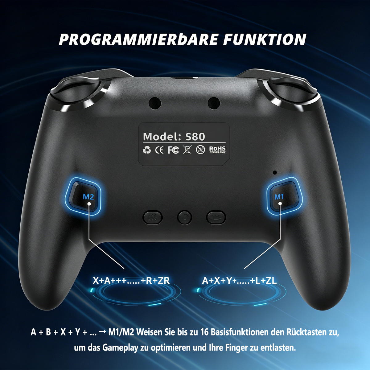 Schwarzer Controller mit M1/M2 Tasten und programmierbaren Funktionen.