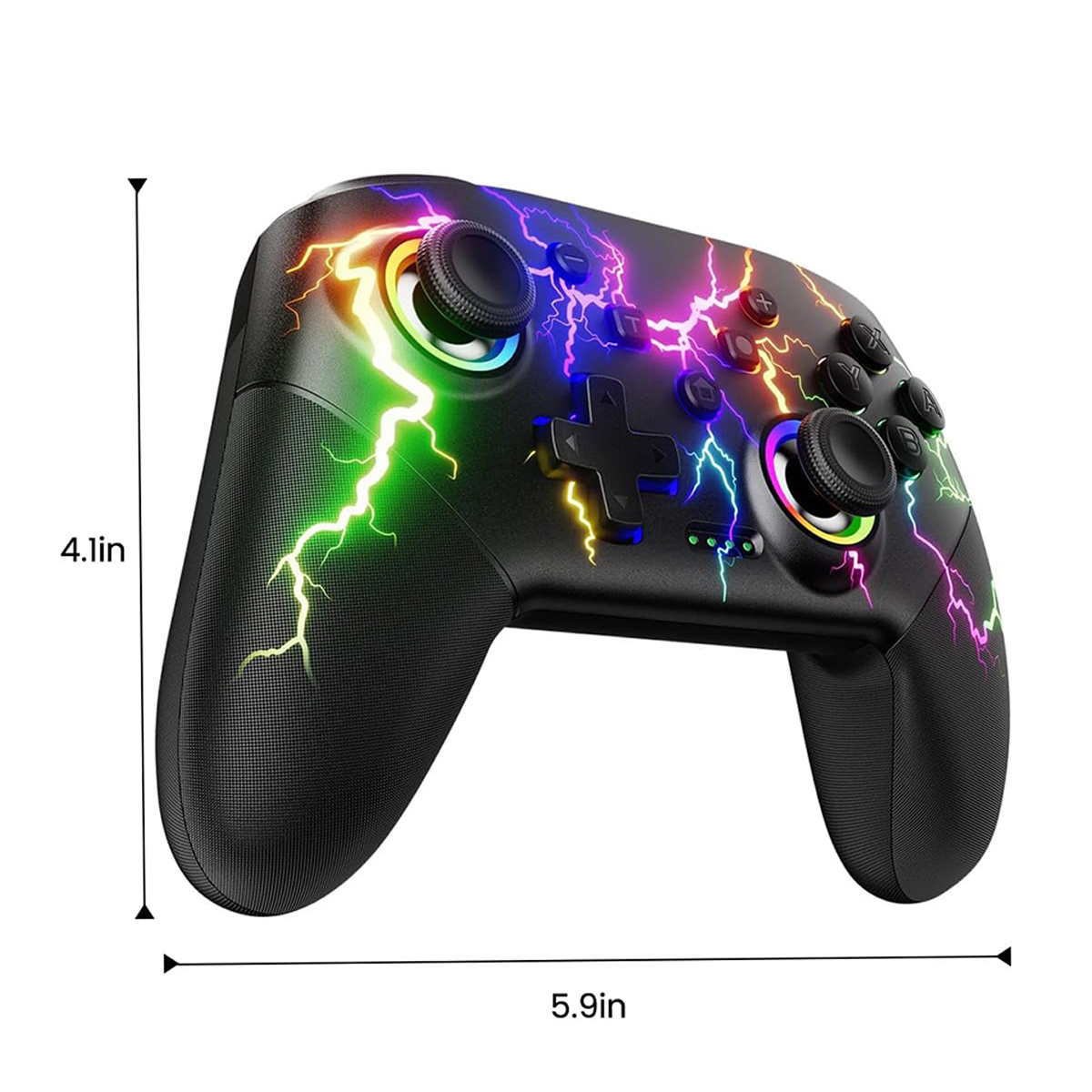 Schwarzer Controller mit bunten Blitzmustern und Größenangaben 4,1 Zoll und 5,9 Zoll.