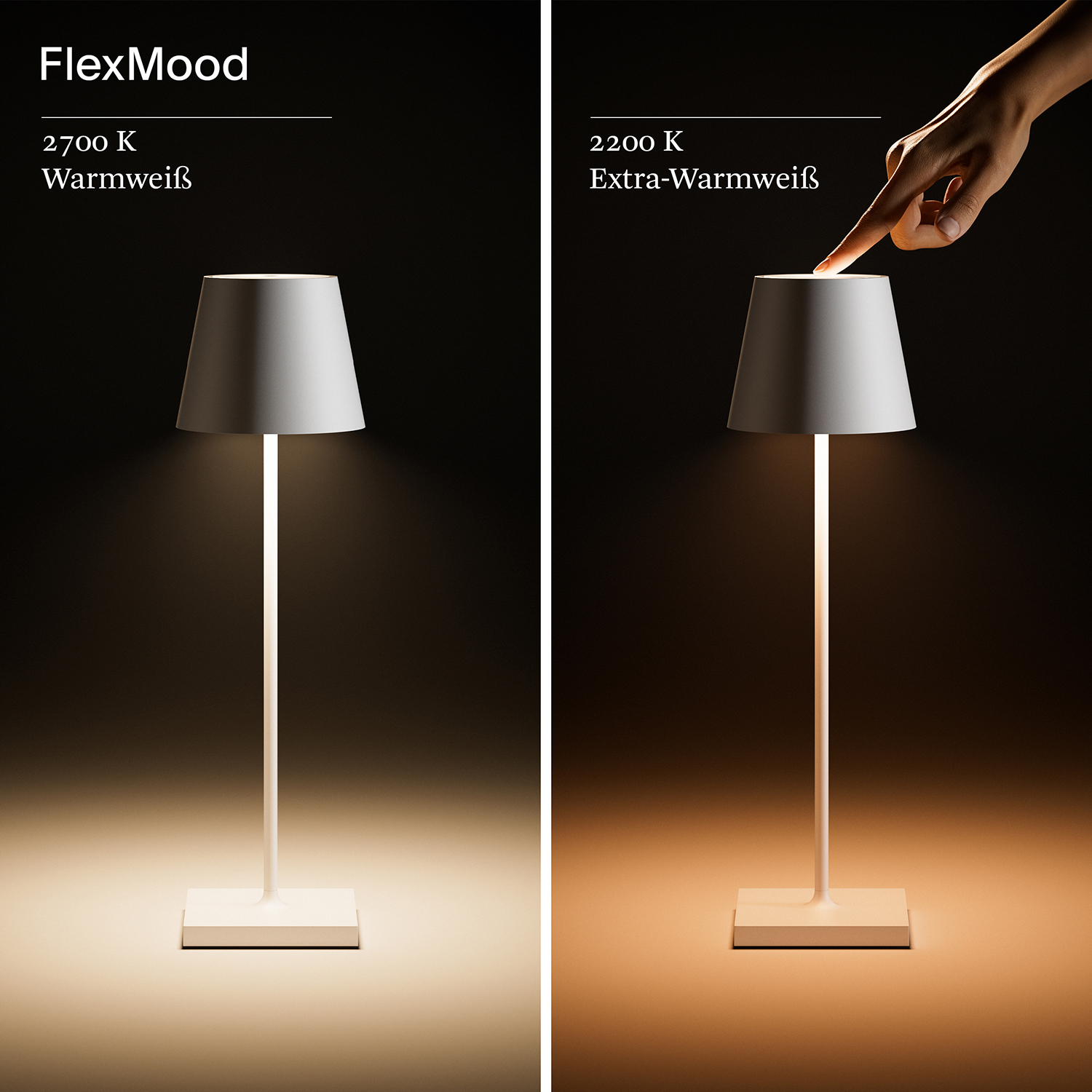 Zwei Lampen zeigen unterschiedliche Farbtemperaturen: 2700K warmweiß und 2200K extra-warmweiß.