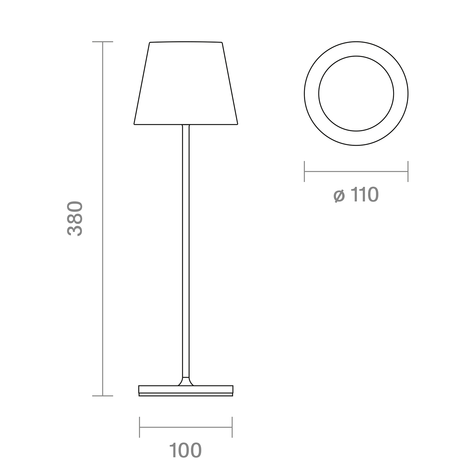 Technische Zeichnung einer Tischlampe mit Maßen Höhe 380, Basis 100, Durchmesser 110.