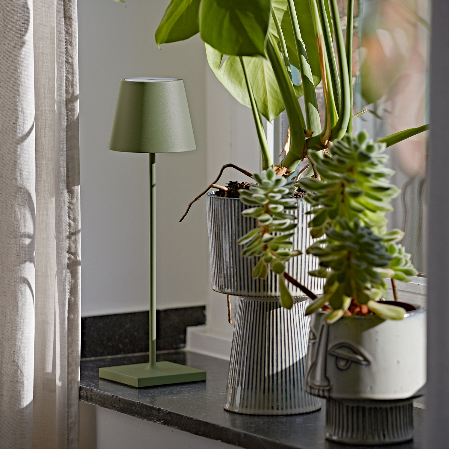 Eine grüne Lampe steht neben Topfpflanzen auf dunkler Oberfläche, Vorhang daneben.