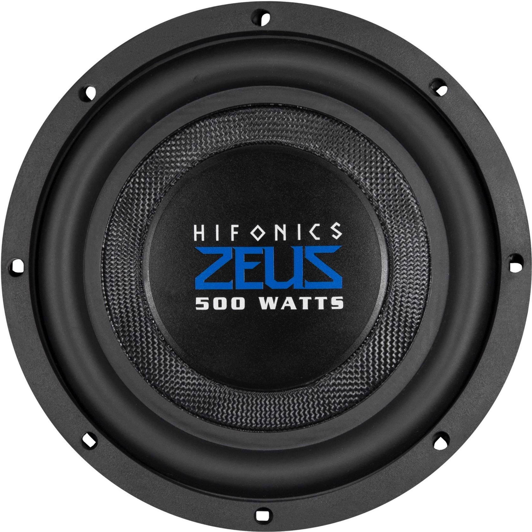 Schwarzer Hifonics Zeus Subwoofer mit 500 Watt, Kohlefaser-Akzenten und Befestigungslöchern.