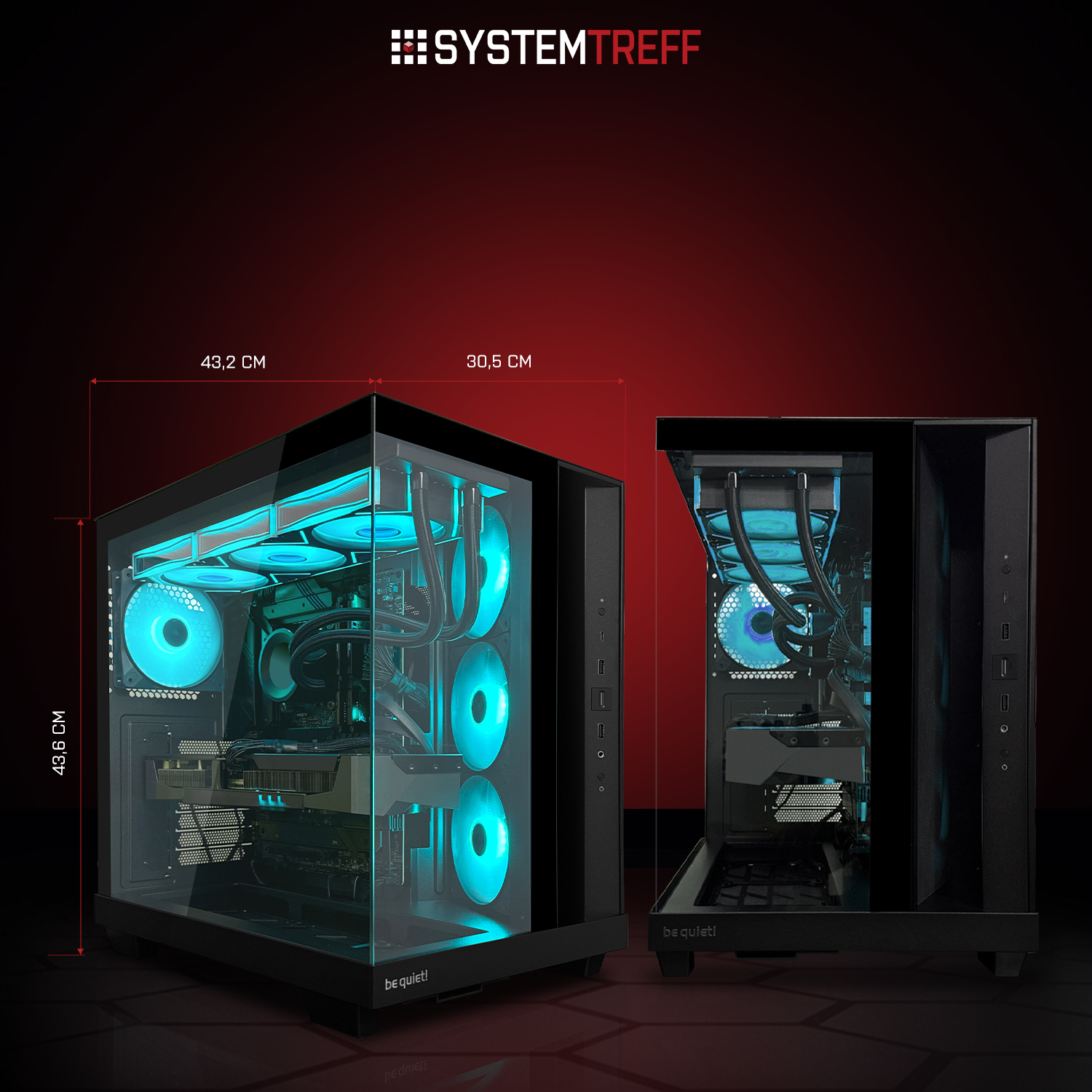 Zwei schwarze PC-Gehäuse mit blauen Lüftern, eines mit Glasfront. Maße angegeben.