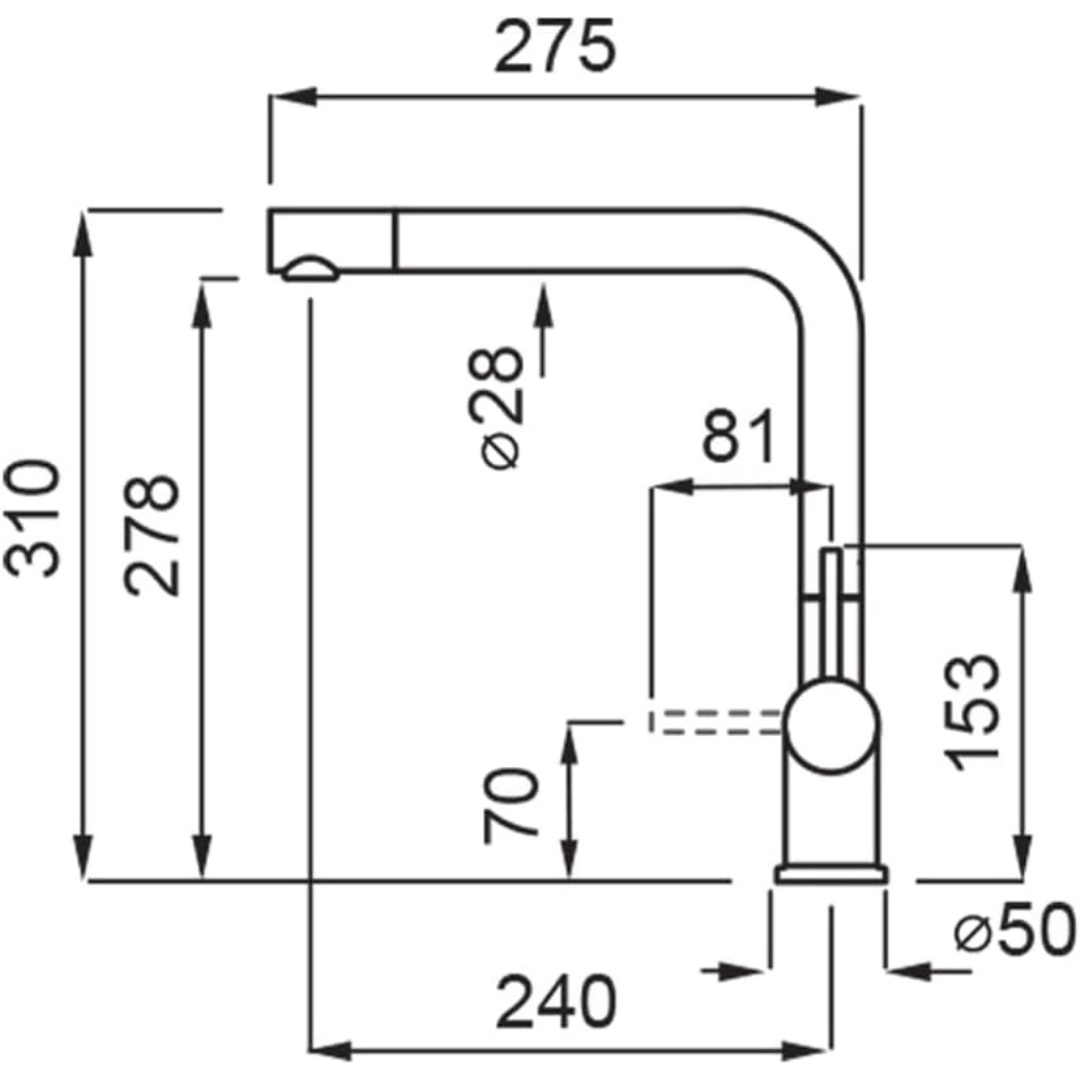 Disegno tecnico di un rubinetto da cucina con dimensioni.