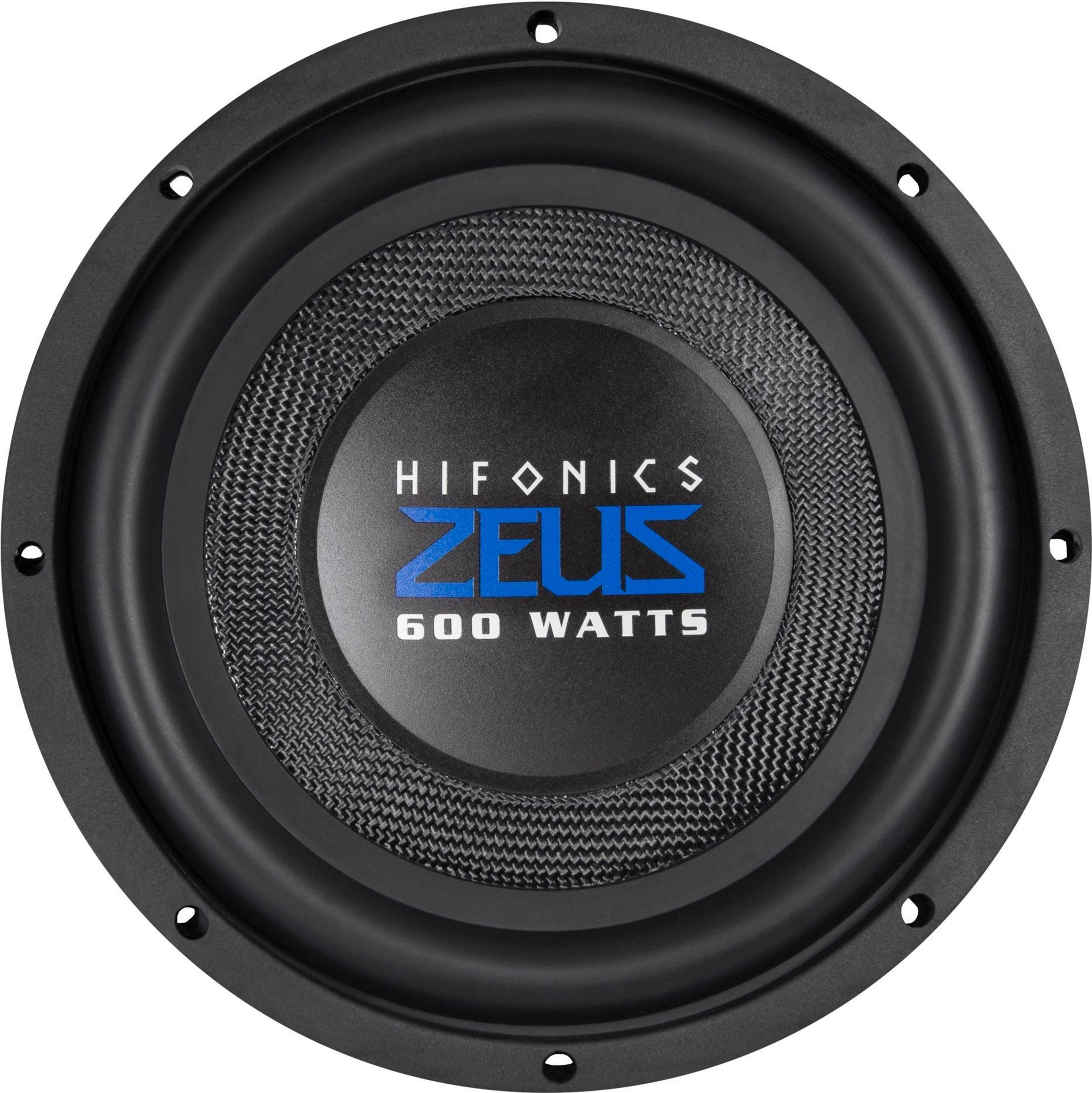 Schwarzer Subwoofer mit Hifonics Zeus Logo und 600 Watt Angabe.