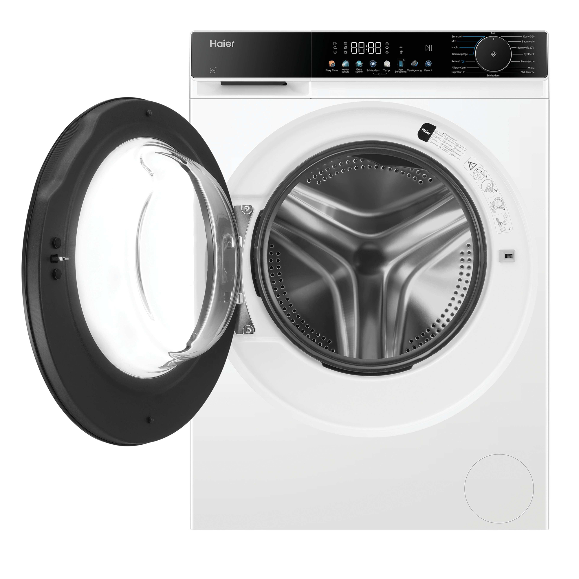 Eine weiße Haier Waschmaschine mit offener Tür und Edelstahl-Trommel.
