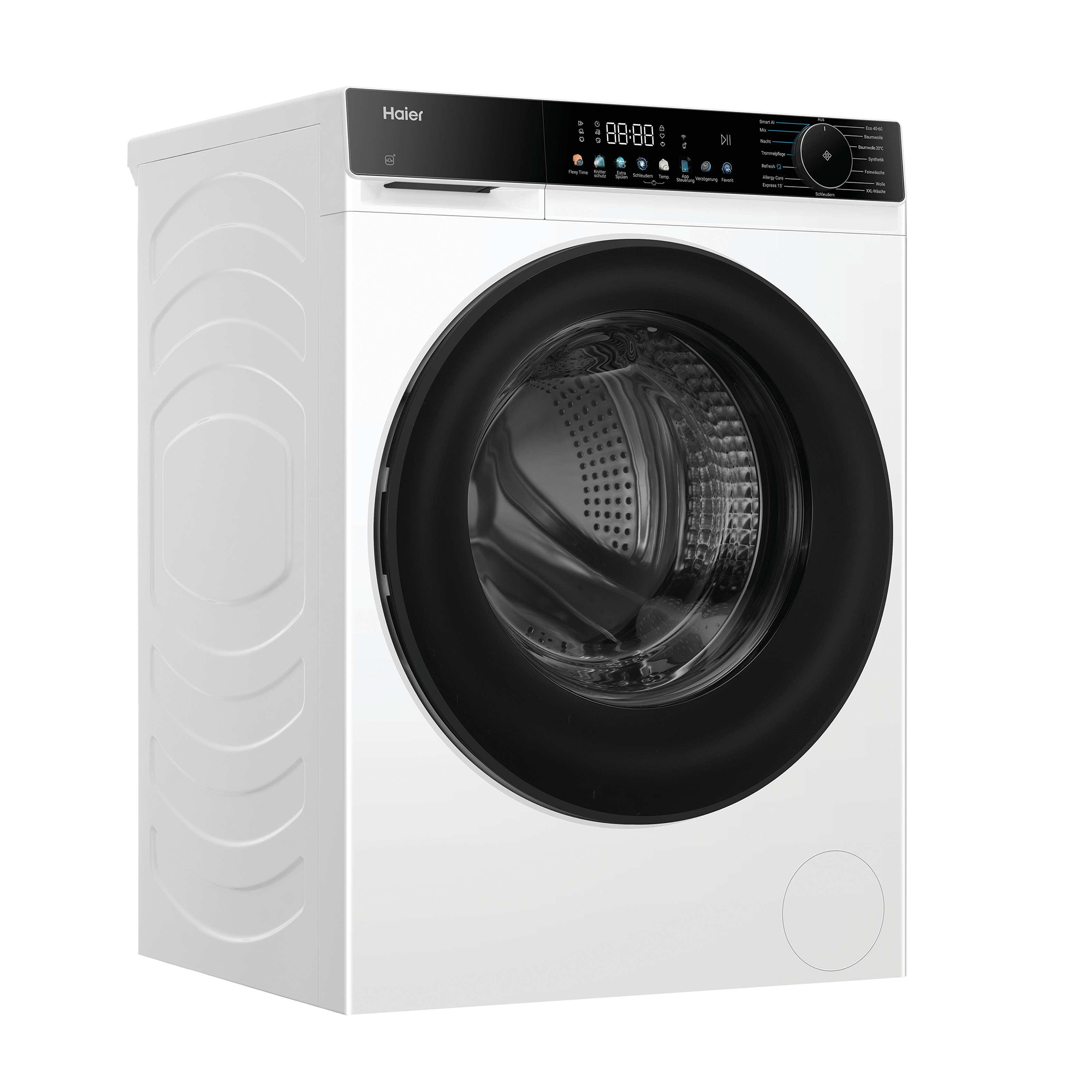 Weiße Haier Waschmaschine mit schwarzer Tür und Bedienfeld. Ein-/Aus-Schalter.