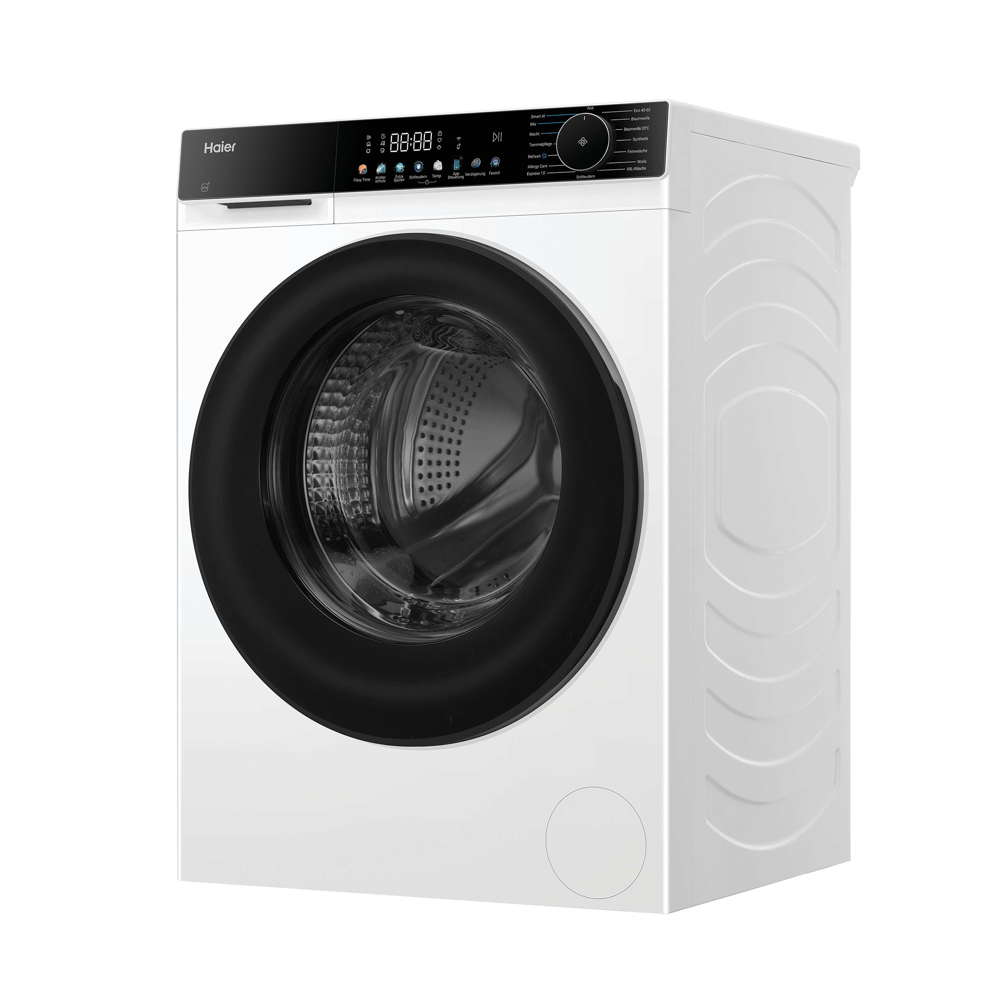 Eine weiße Haier-Waschmaschine mit schwarzer Tür und Bedienfeld. Der Bildschirm zeigt '88:88'.